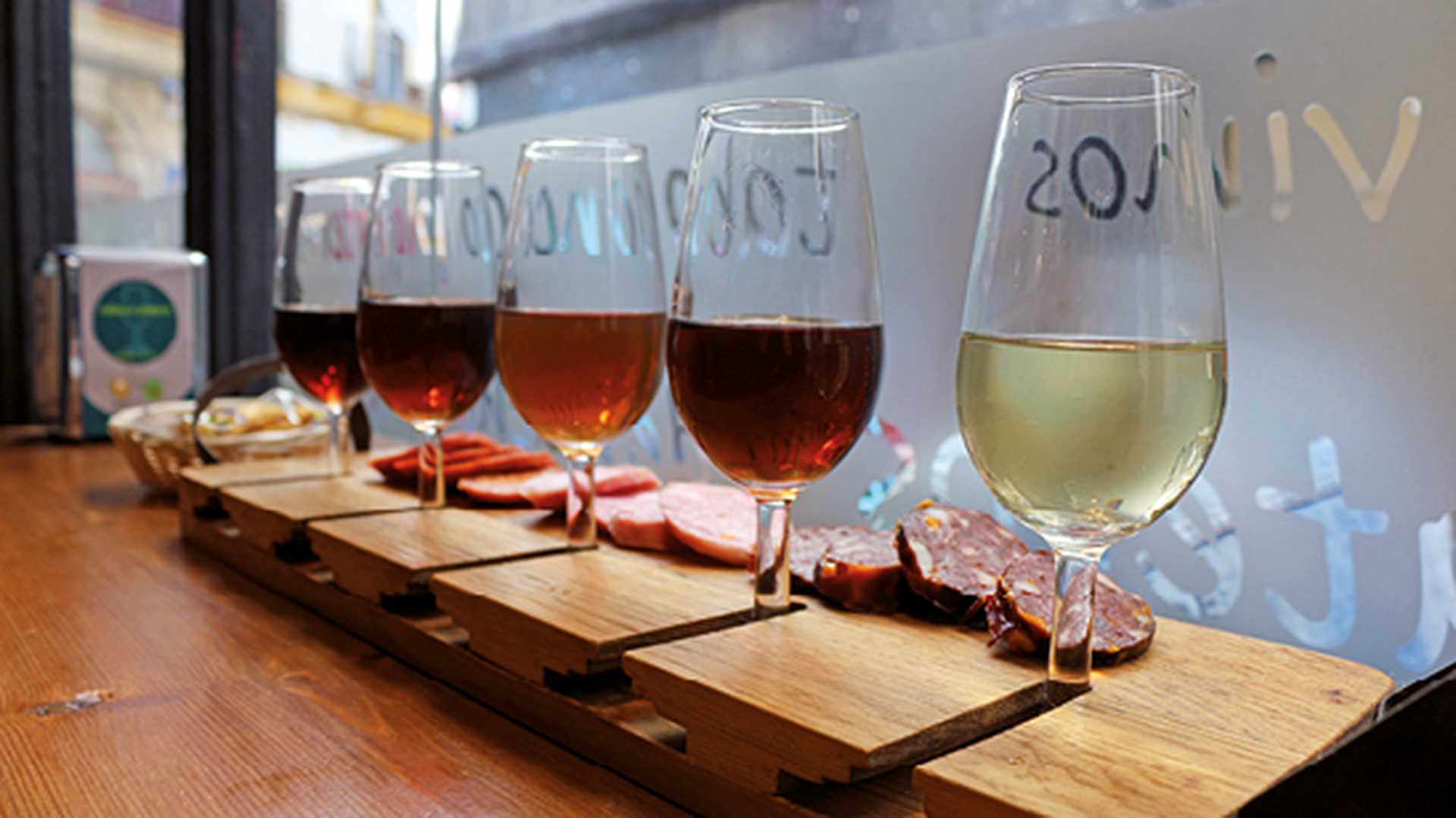a flight of sherries with charcuterie in jerez de la frontera in spain
