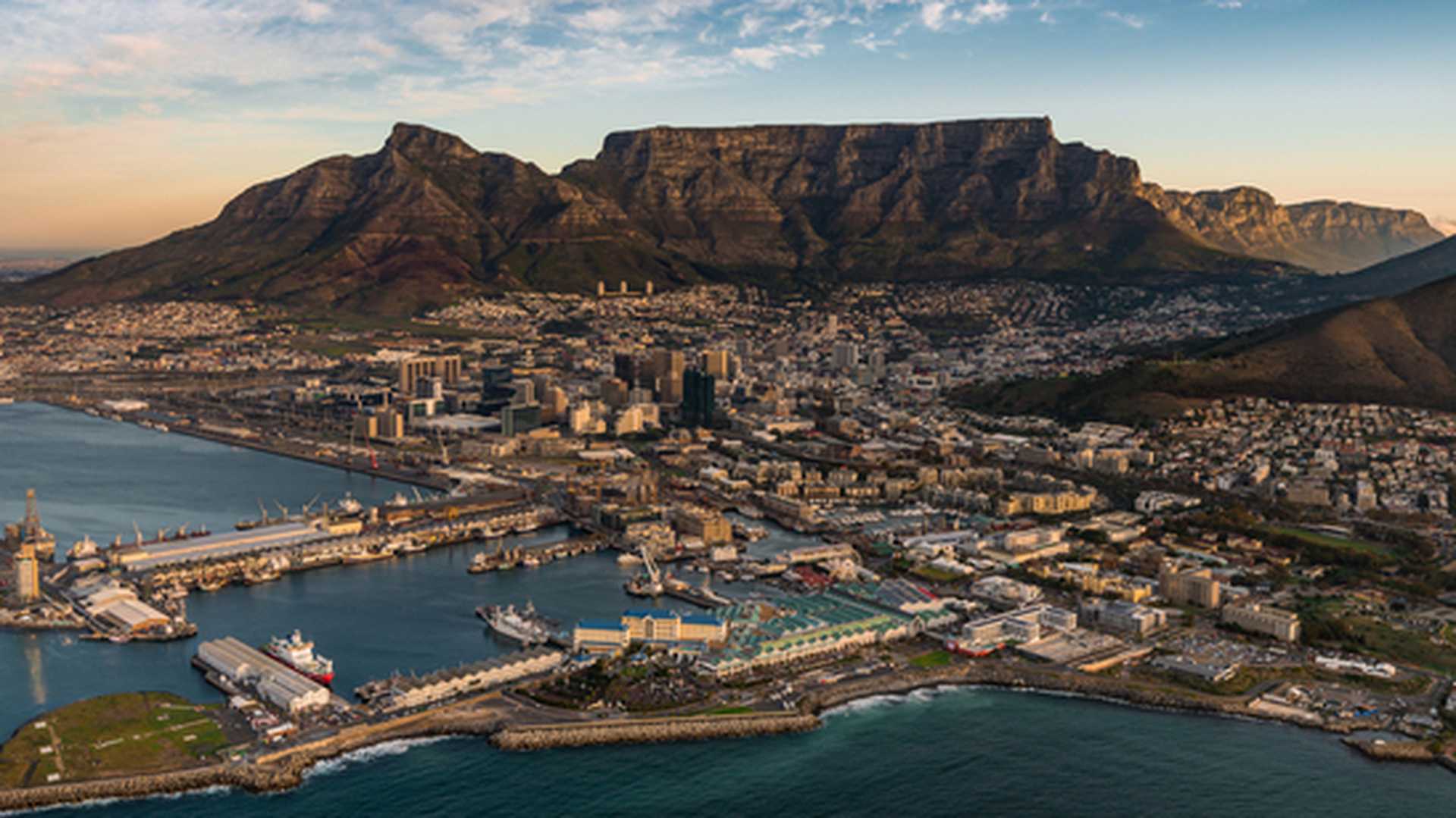 Aerial view of Cape Town, South Africa, with Table Mountain in the background