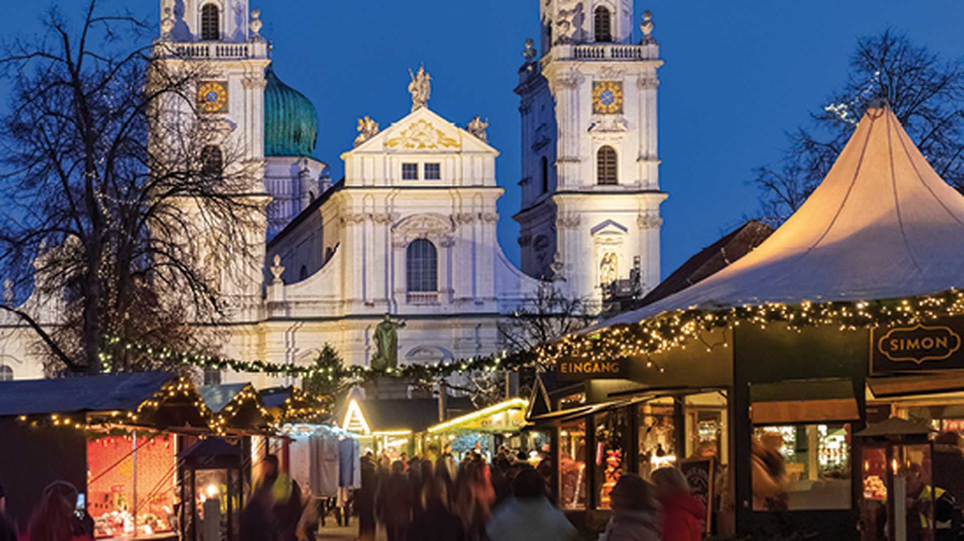 Passau church towers and Christmas market