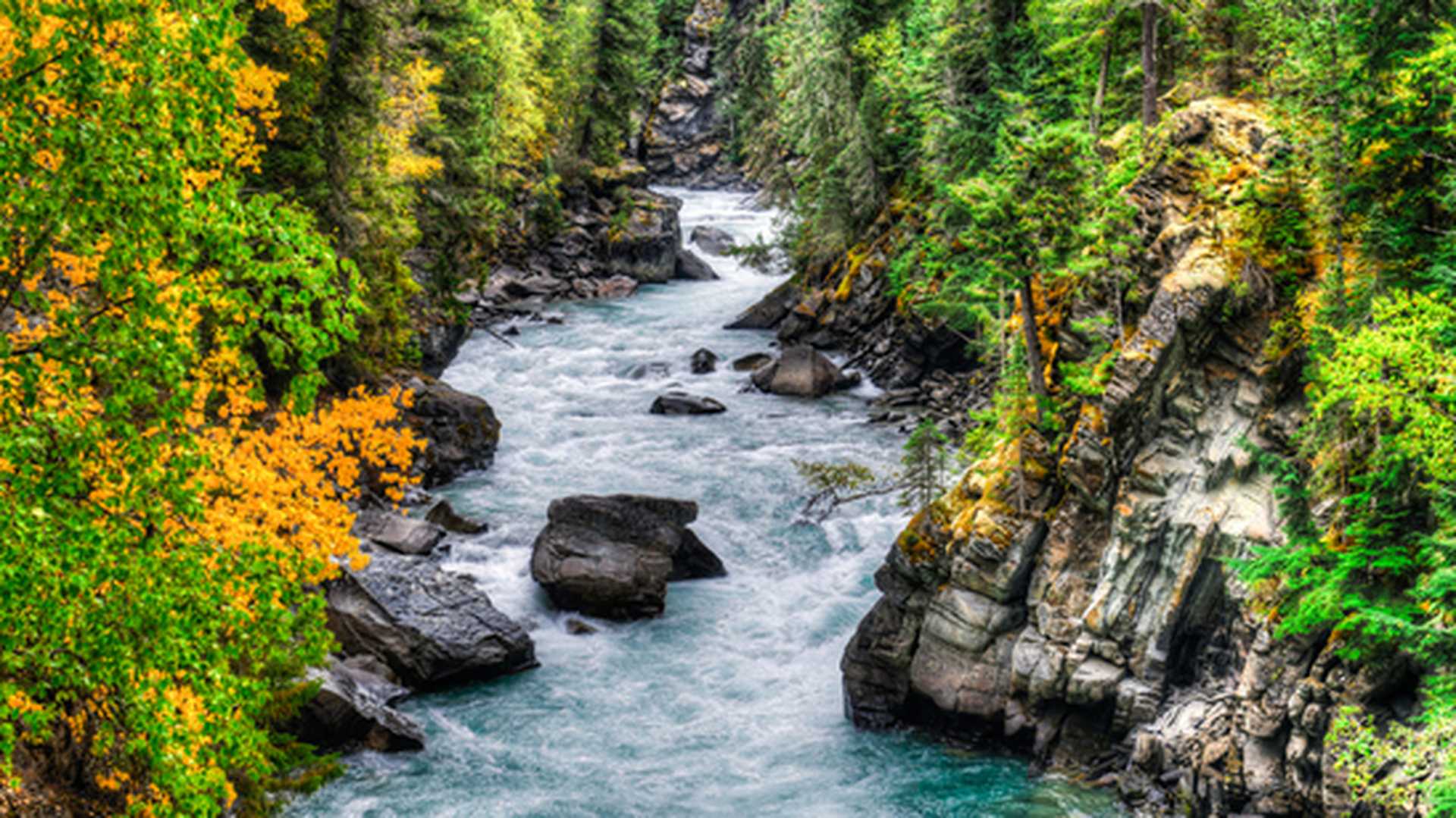 Waterfall and river views of the scenic Frasier River, Mount Robson Provincial Park, British Columbia Canada