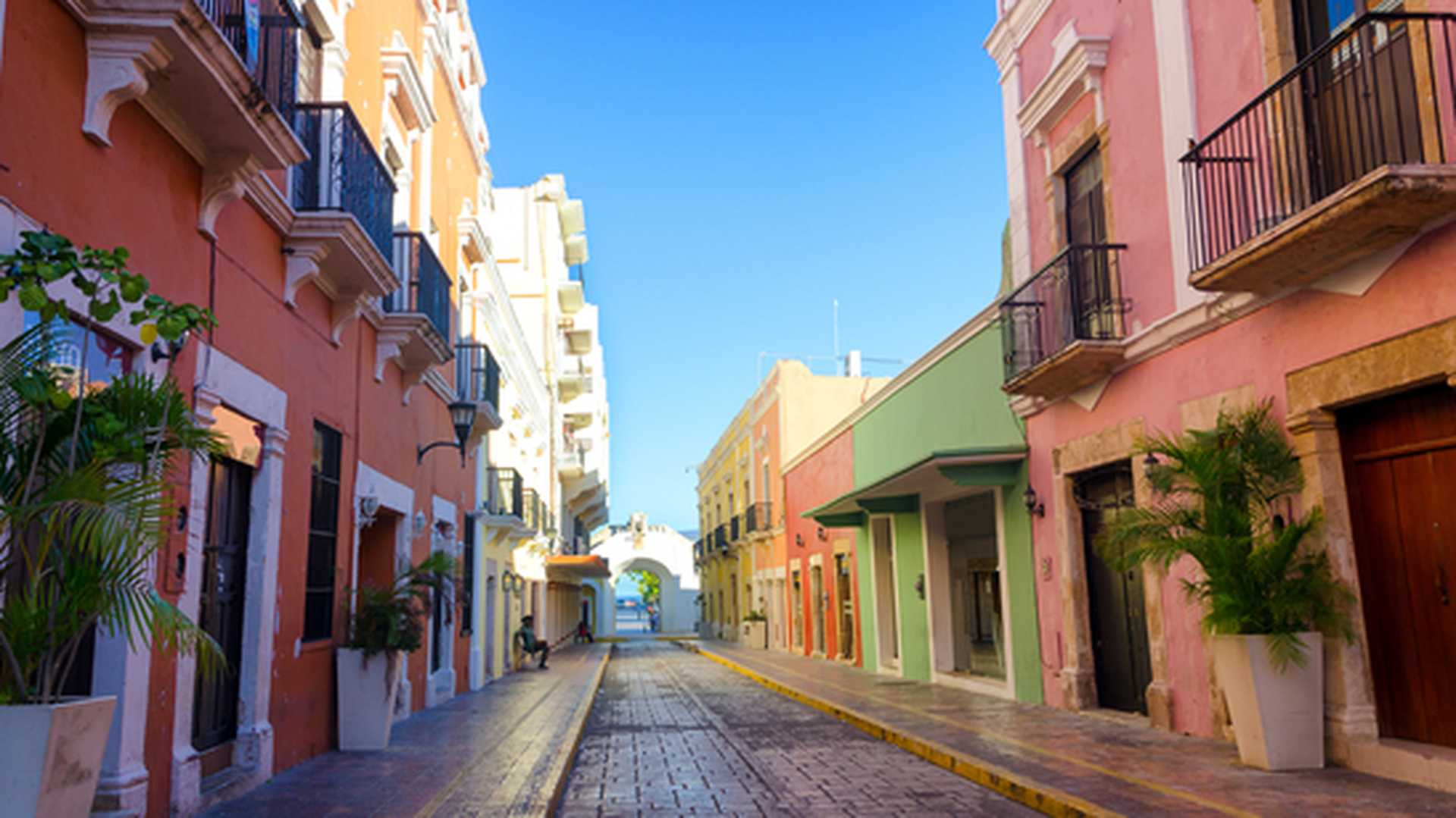 View of a historic colonial street in Campeche, Mexico