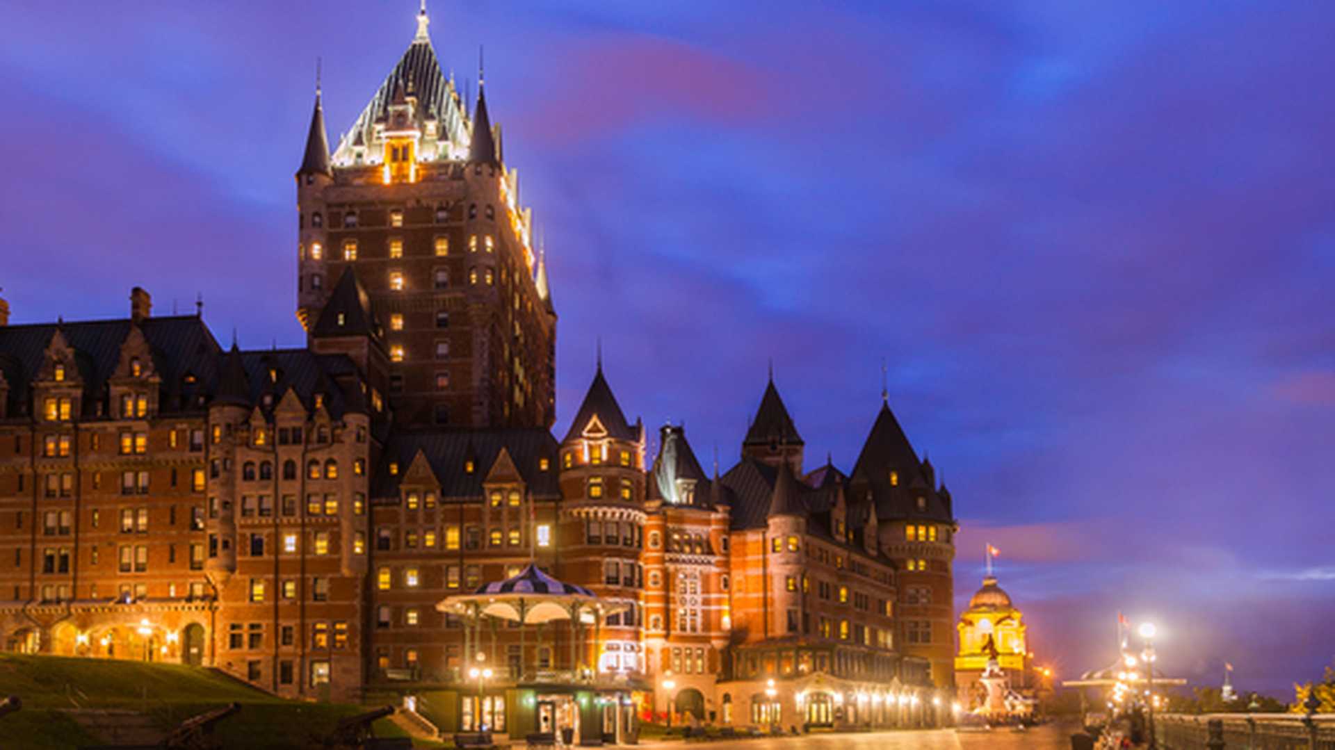 View of the Frontenac Castle and Dufferin Terrace at twilight, Quebec City, Quebec, Canada