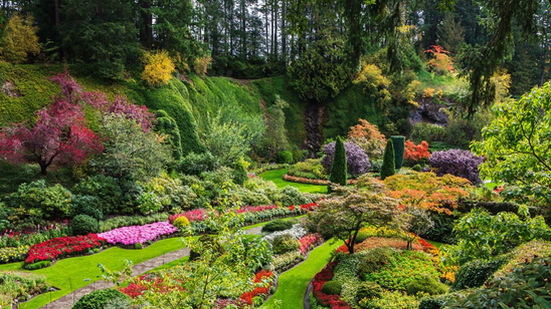 Sunken Garden - the central and beautiful part of park complex. Butchart Gardens - set of beautiful gardens on Vancouver Island, Canada