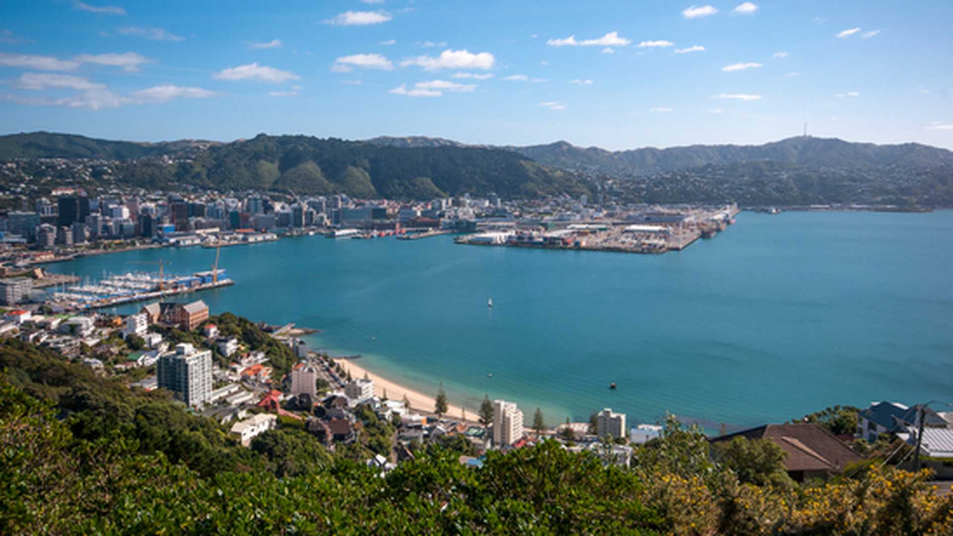 View from Mount Victoria into the bay of Wellington (capital city of New Zealand)