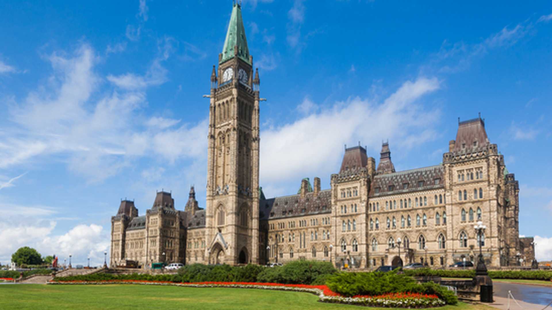 Grand buildings atop Parliament Hill in Ottawa, Canada