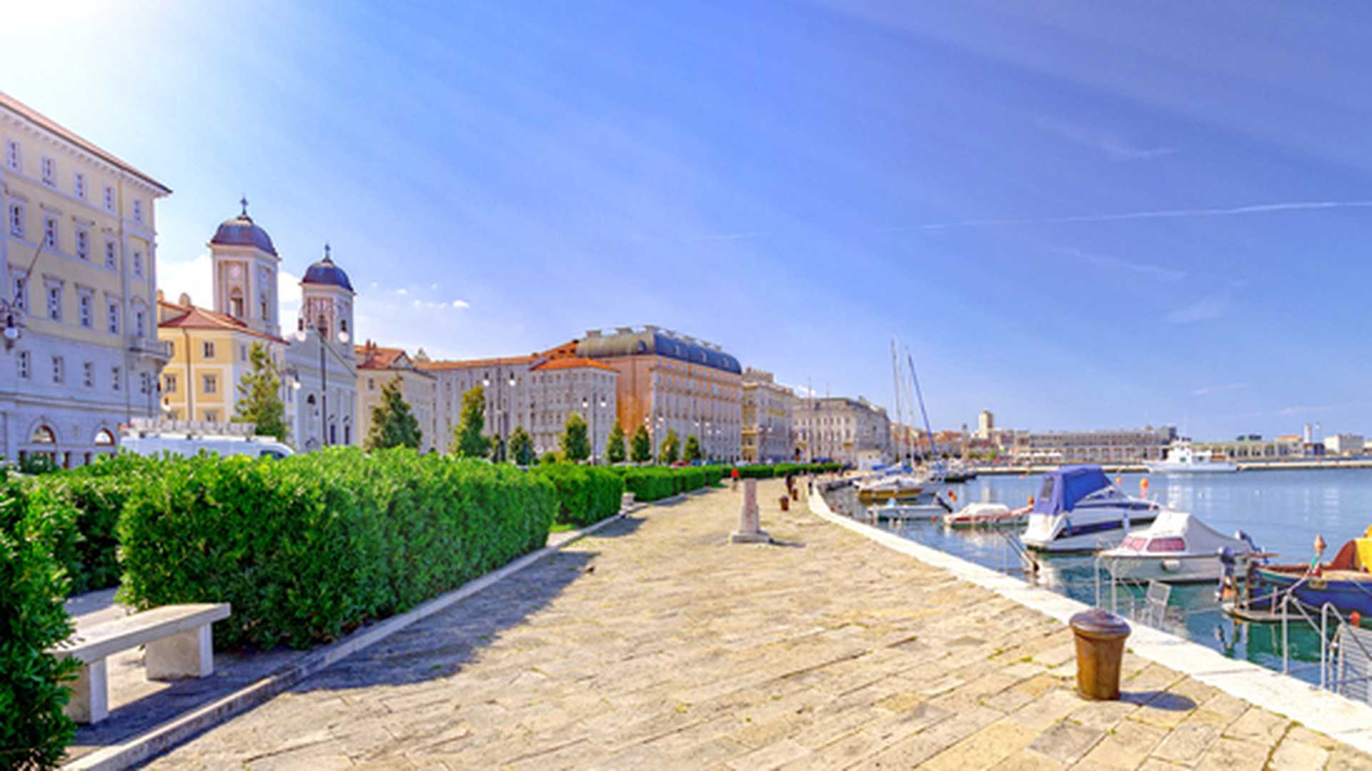 Trieste promenade and small port in Italy by Adriatic sea