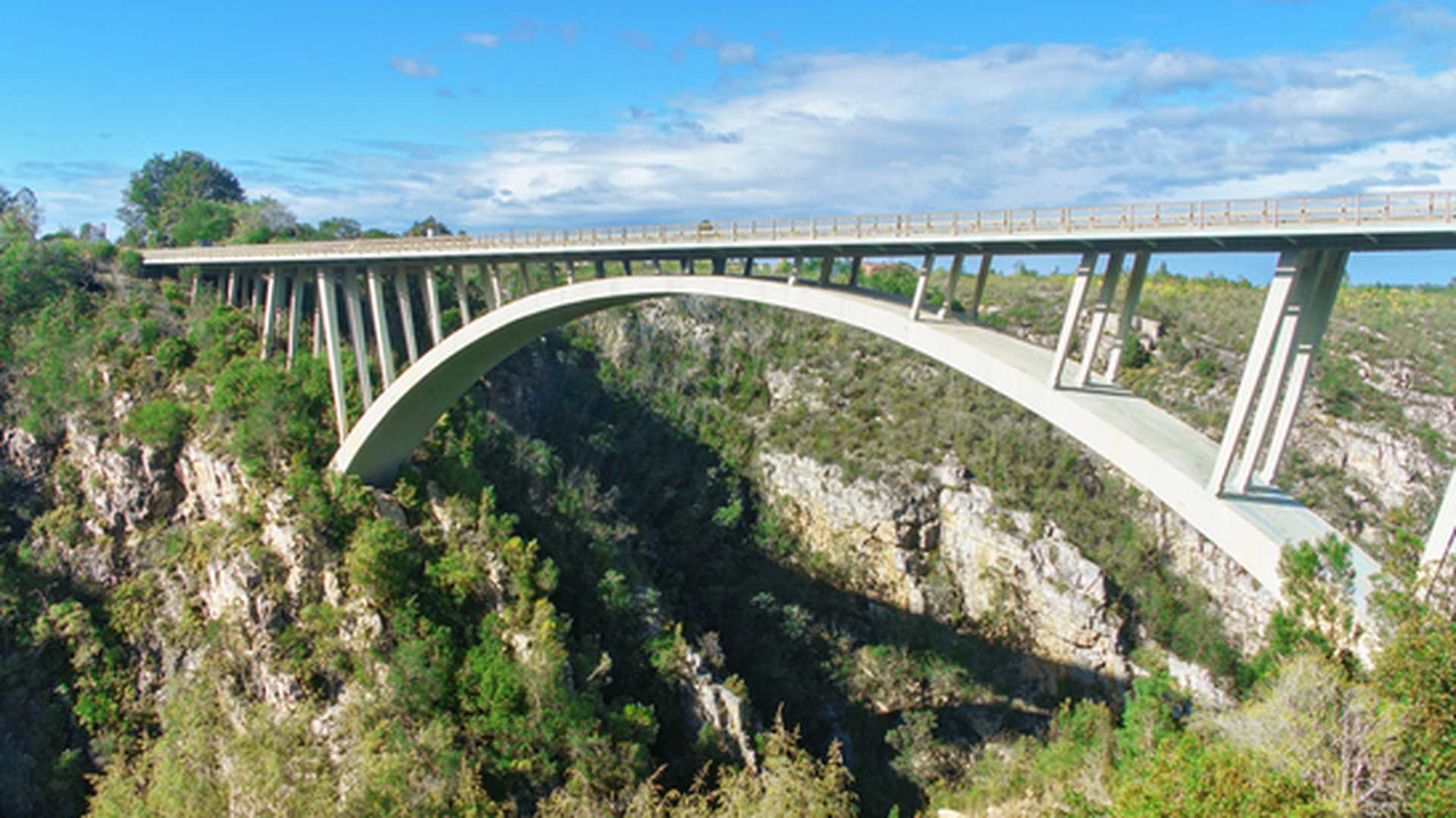 A bridge crosses a dramatic gorge in Tsitsikamma National Park, part of South Africa's scenic Garden Route