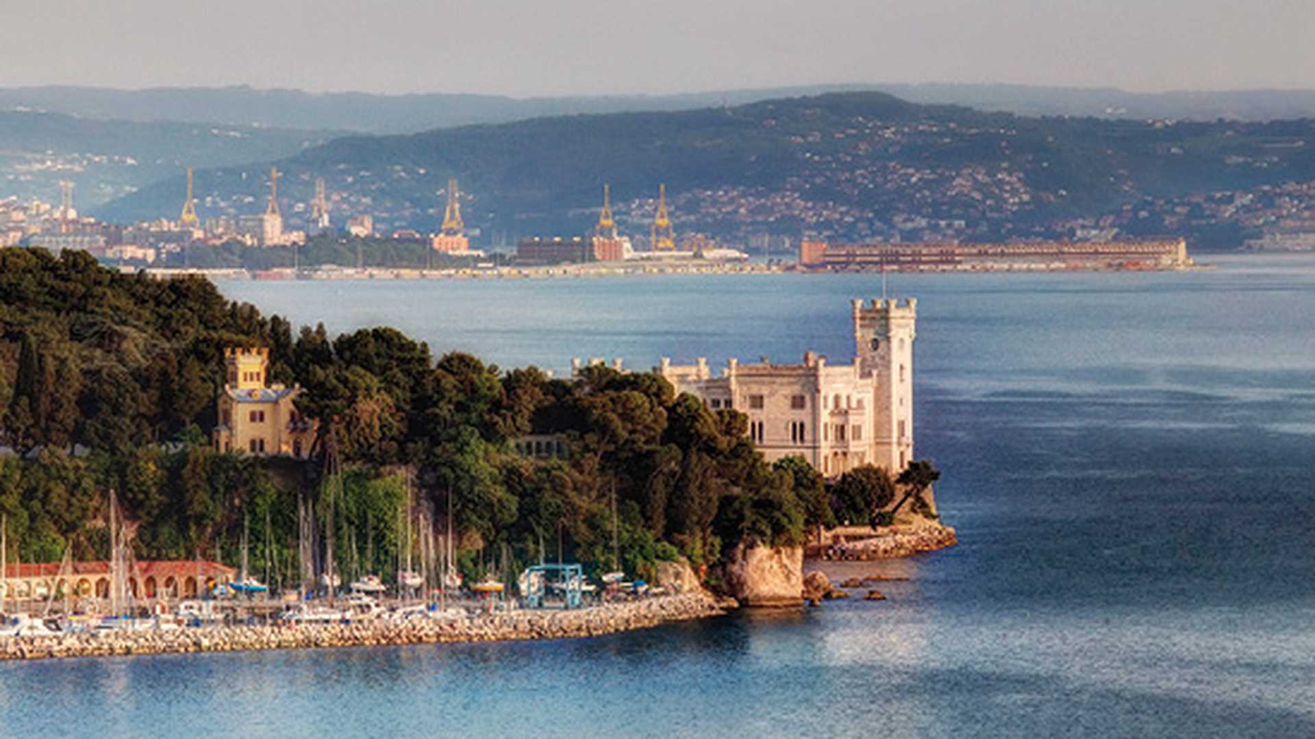 Miramare castle with Trieste in the background, Italy