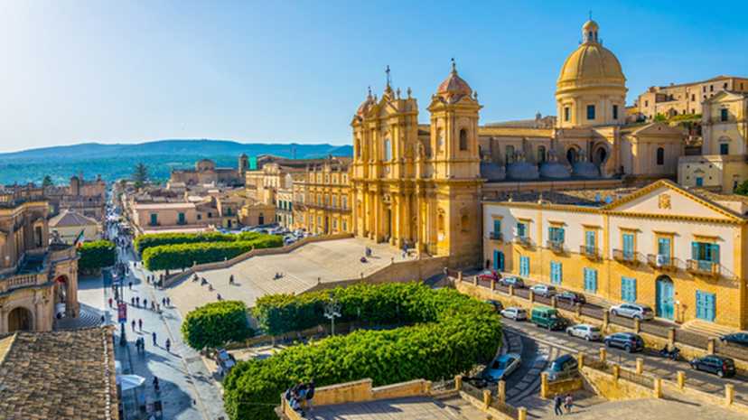 Noto including Basilica Minore di San Nicolò and Palazzo Ducezio, Sicily, Italy