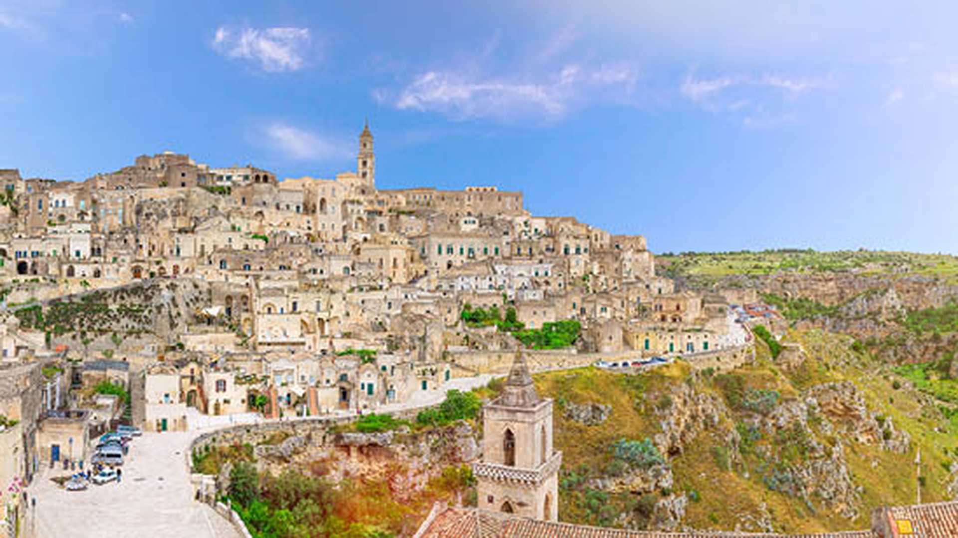 Aerial panoramic view of historical centre Sasso Caveoso, Basilicata, Italy