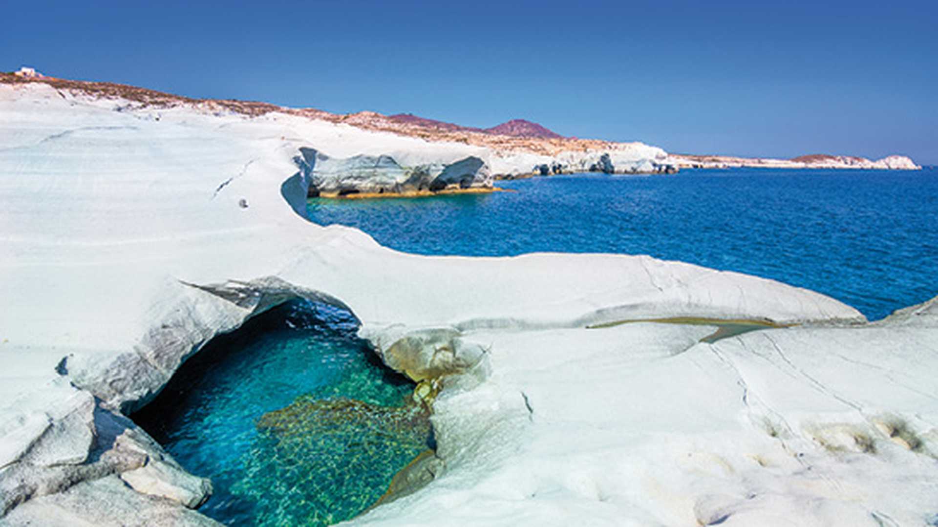 White chalk cliffs in Sarakiniko, Milos island, Cyclades, Greece.