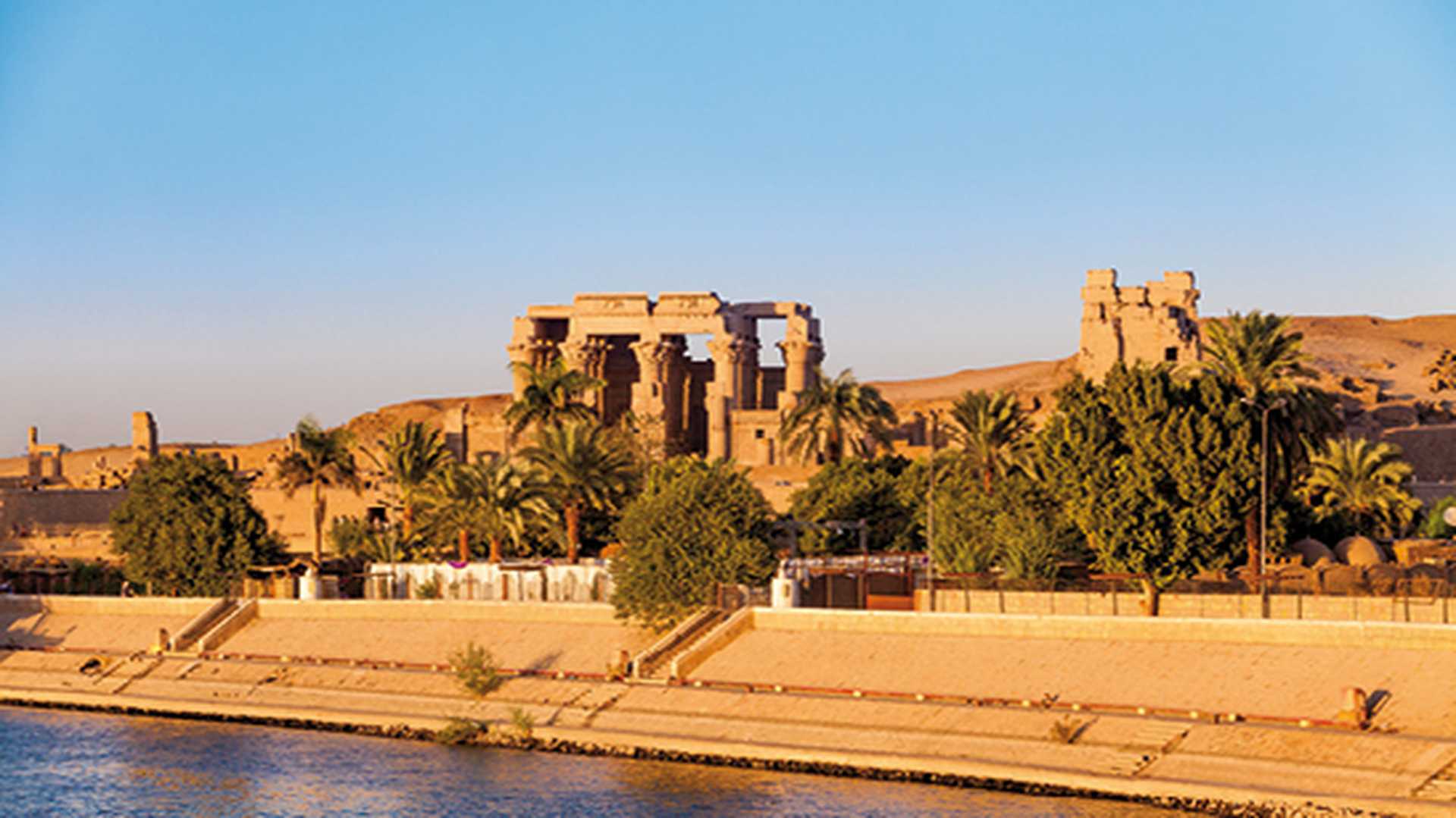 Kom Ombo temple at sunset on the Nile in Egypt