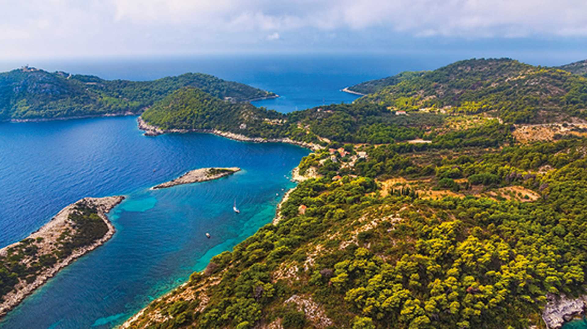 Aerial view over forested island of Mljet, Croatia