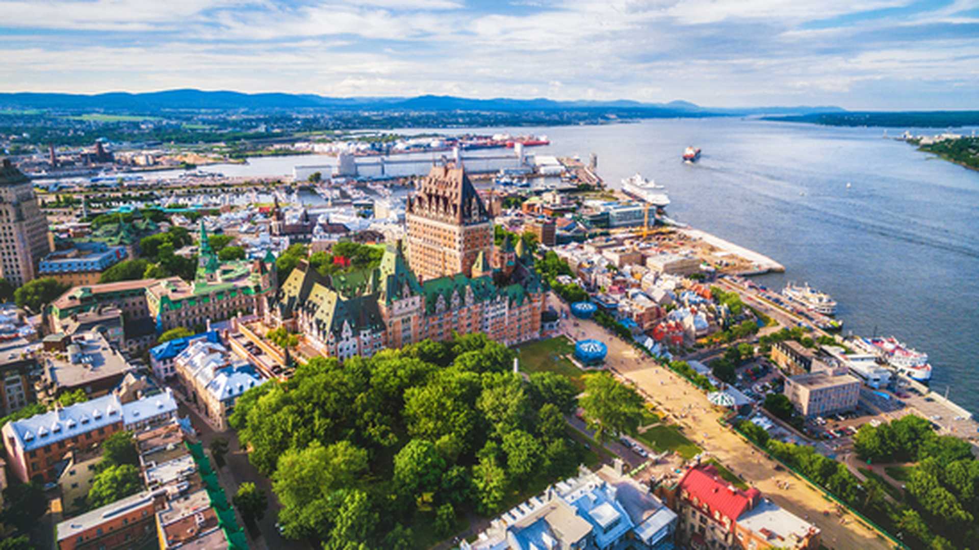 Aerial view of Chateau Frontenac hotel and Old Port in Quebec City, Canada.