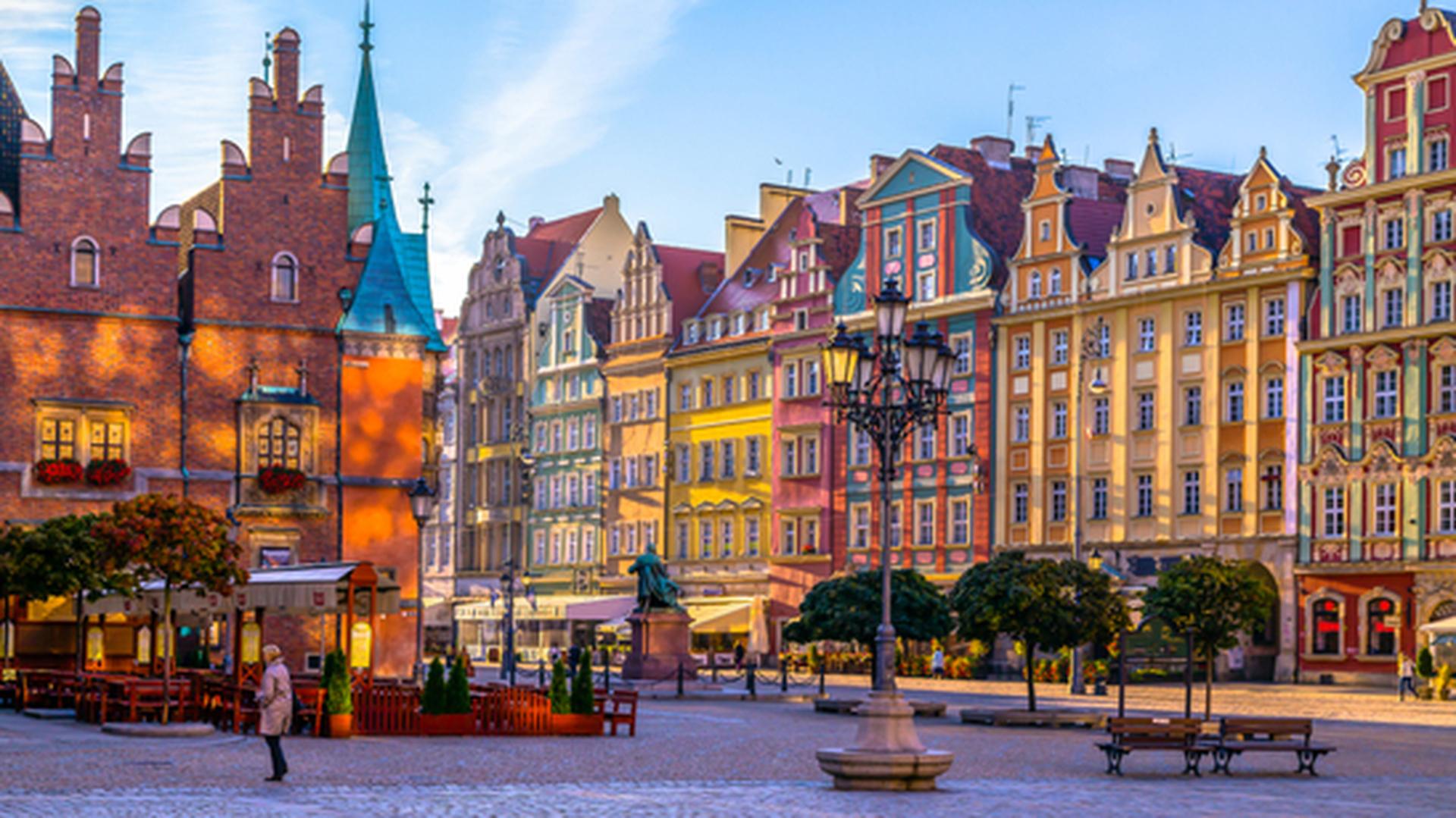 Wroclaw, Poland, market square early in the morning. Colorful cities concept. Travel Europe