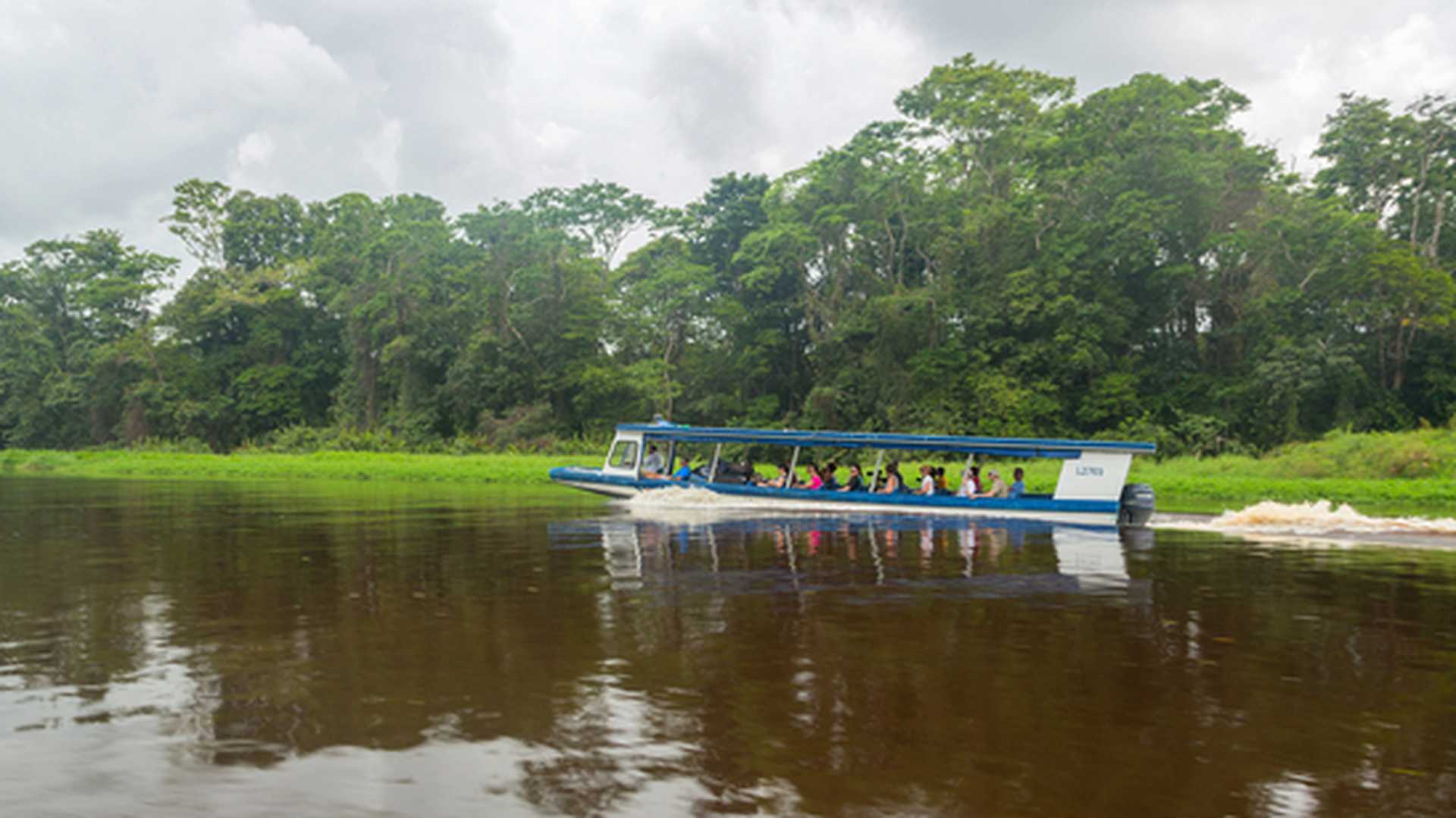 A small boat travels along lush Tortuguero Canal in Costa Rica