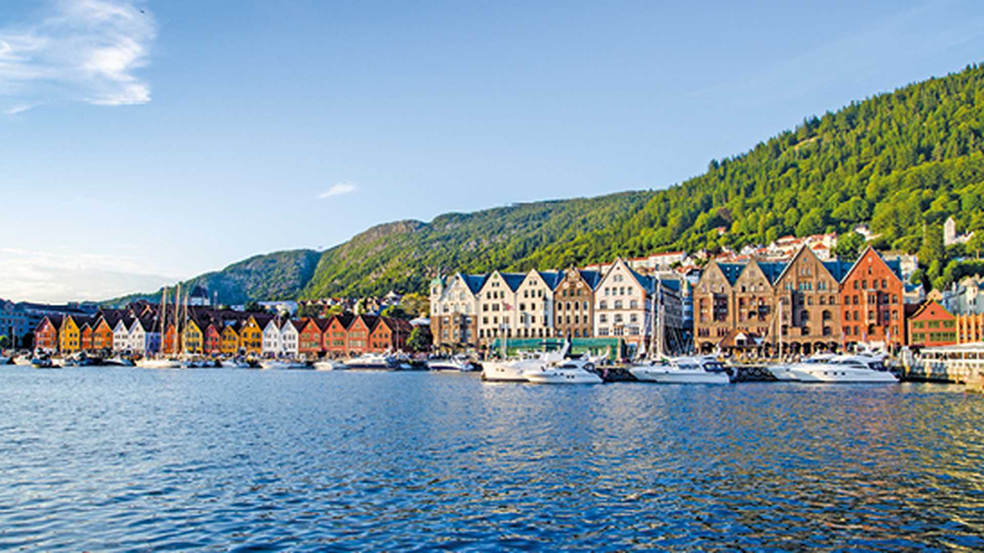 Waterfront houses of Bergen on a sunny day, Norway