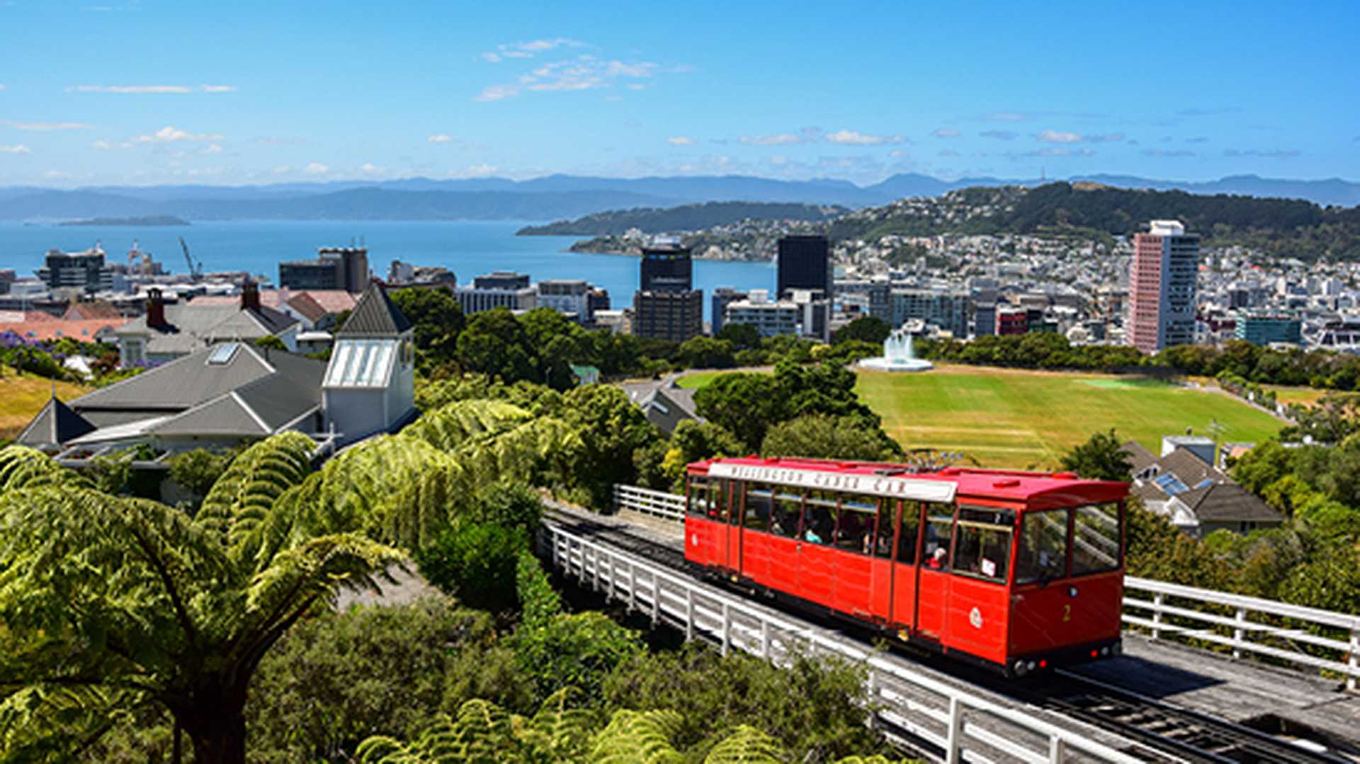 tram with Wellington behind - New Zealand