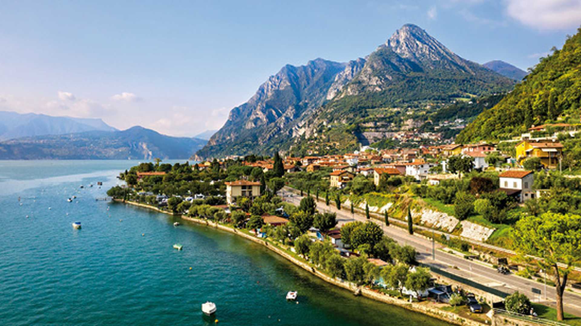 Aerial panorama of Marone town on Lake Iseo in Lombardy, Italy