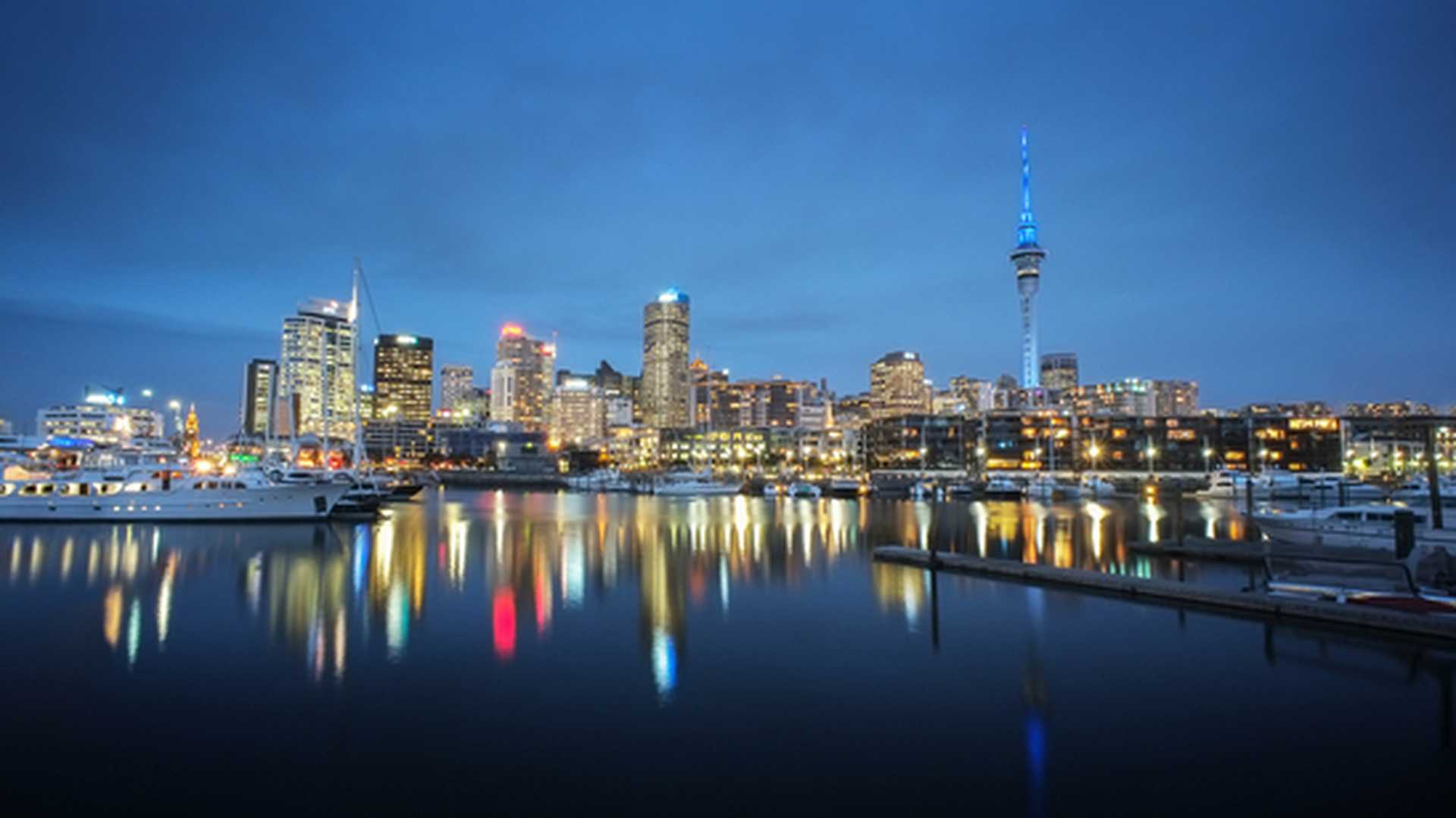 Auckland city skyline at night, taken from the water