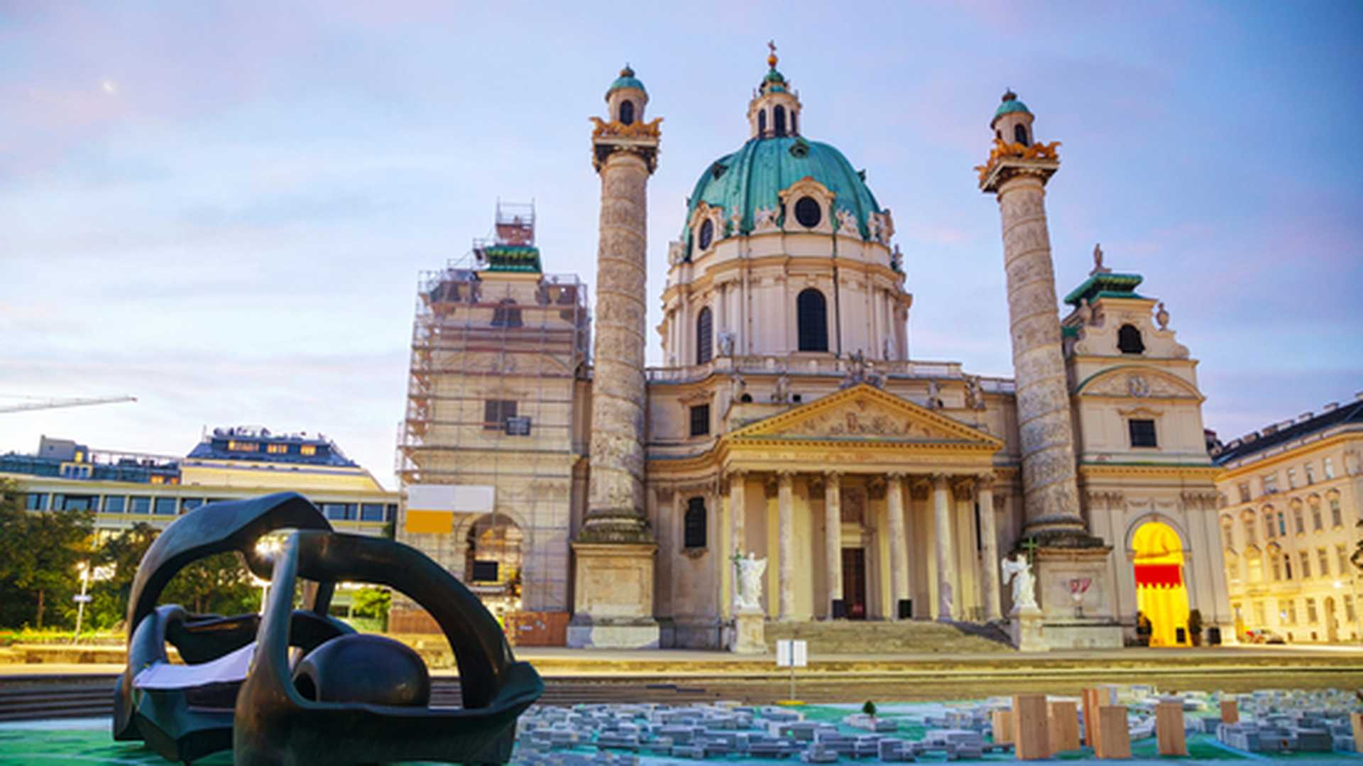 St. Charles's Church (Karlskirche) in Vienna, Austria at sunrise