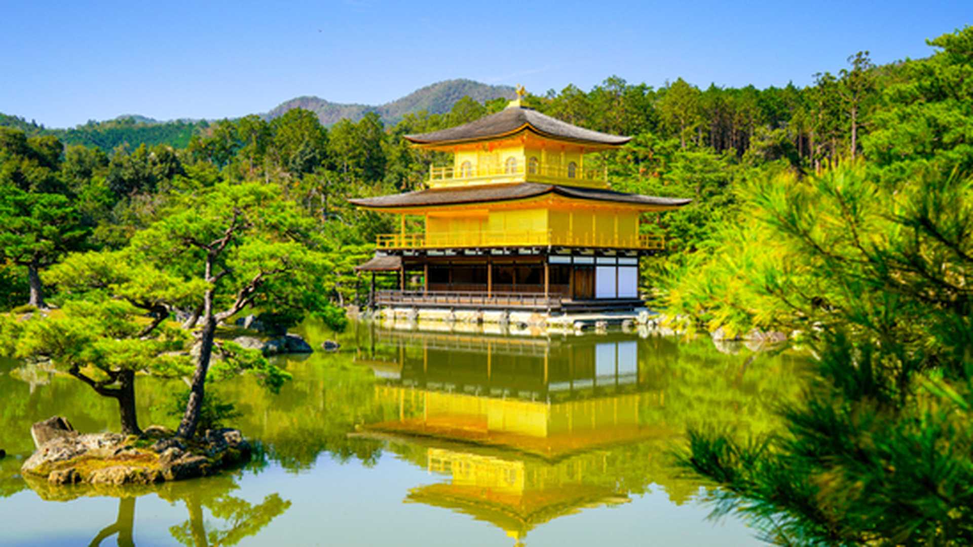 Kinkakuji Temple surrounded by greenery and water.
