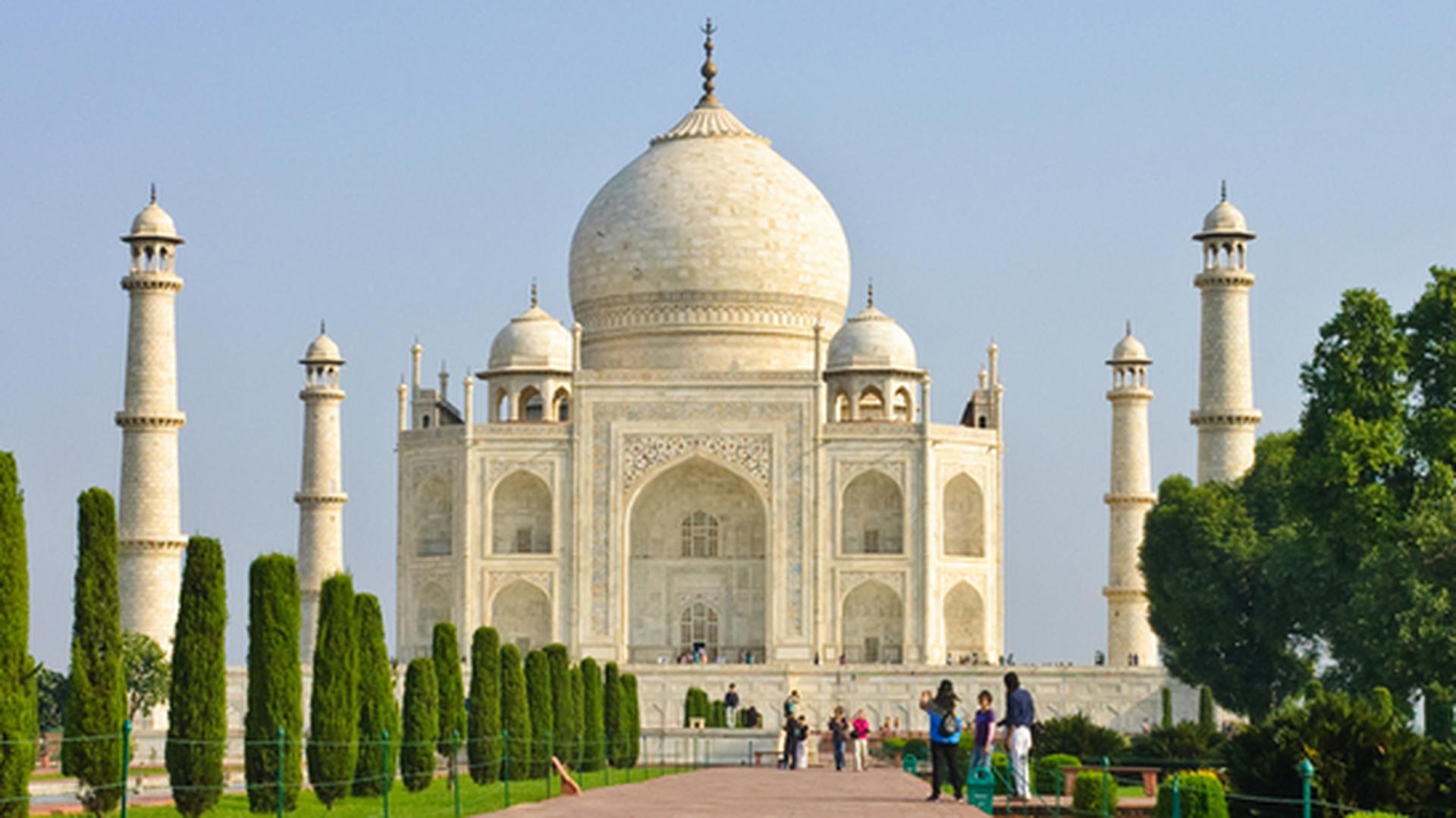 Low angle view of white marble Taj Mahal, India