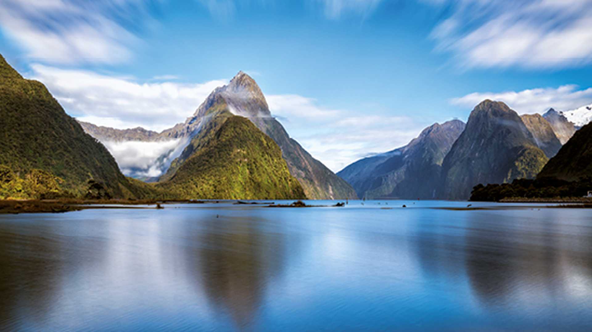 Mitre Peak with lake in front, Milford Sound, New Zealand