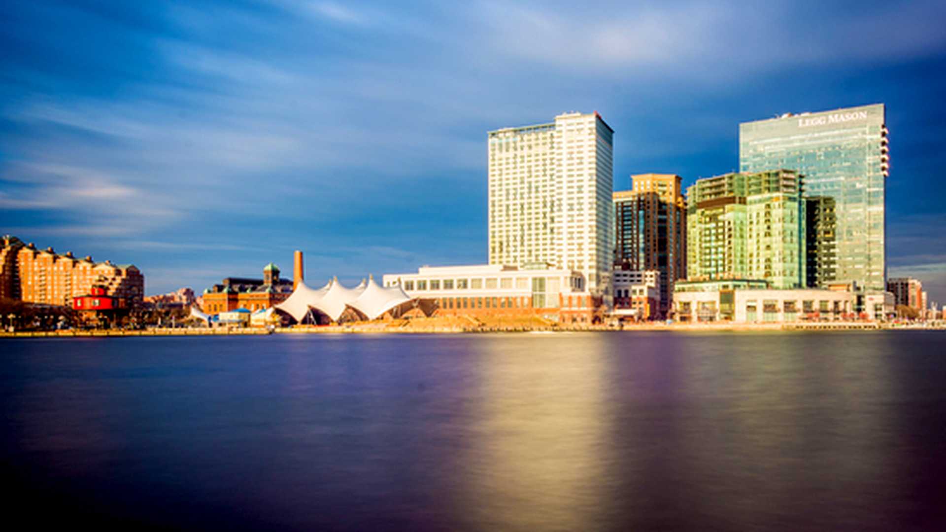 Skyscrapersg in the harbour in Baltimore, Maryland.