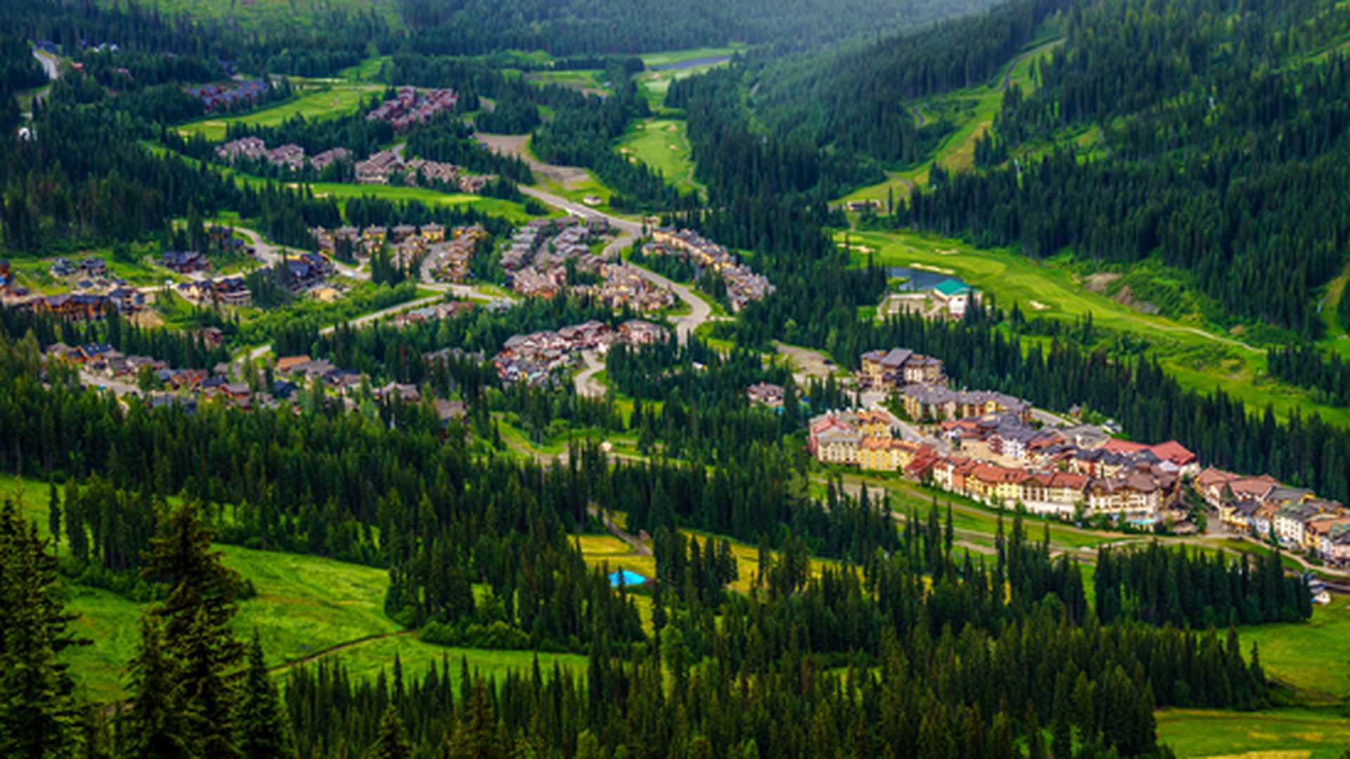 The alpine village of Sun Peaks nestled in the mountains of the Shuswap Highlands of central British Columbia, Canada