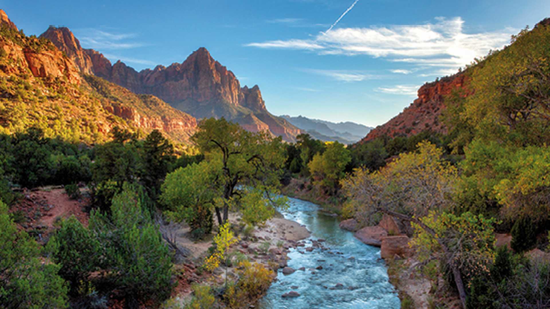 Watchman mountain and the virgin river in Zion National Park, Utah