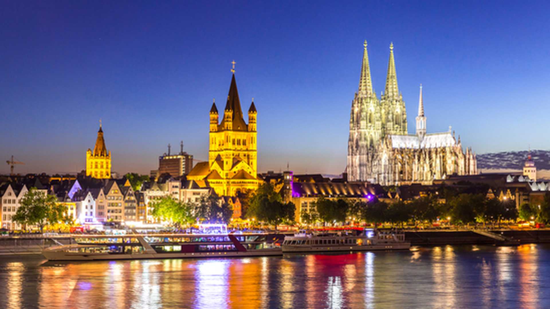 Cologne Cathedral along river Rhine Germany.