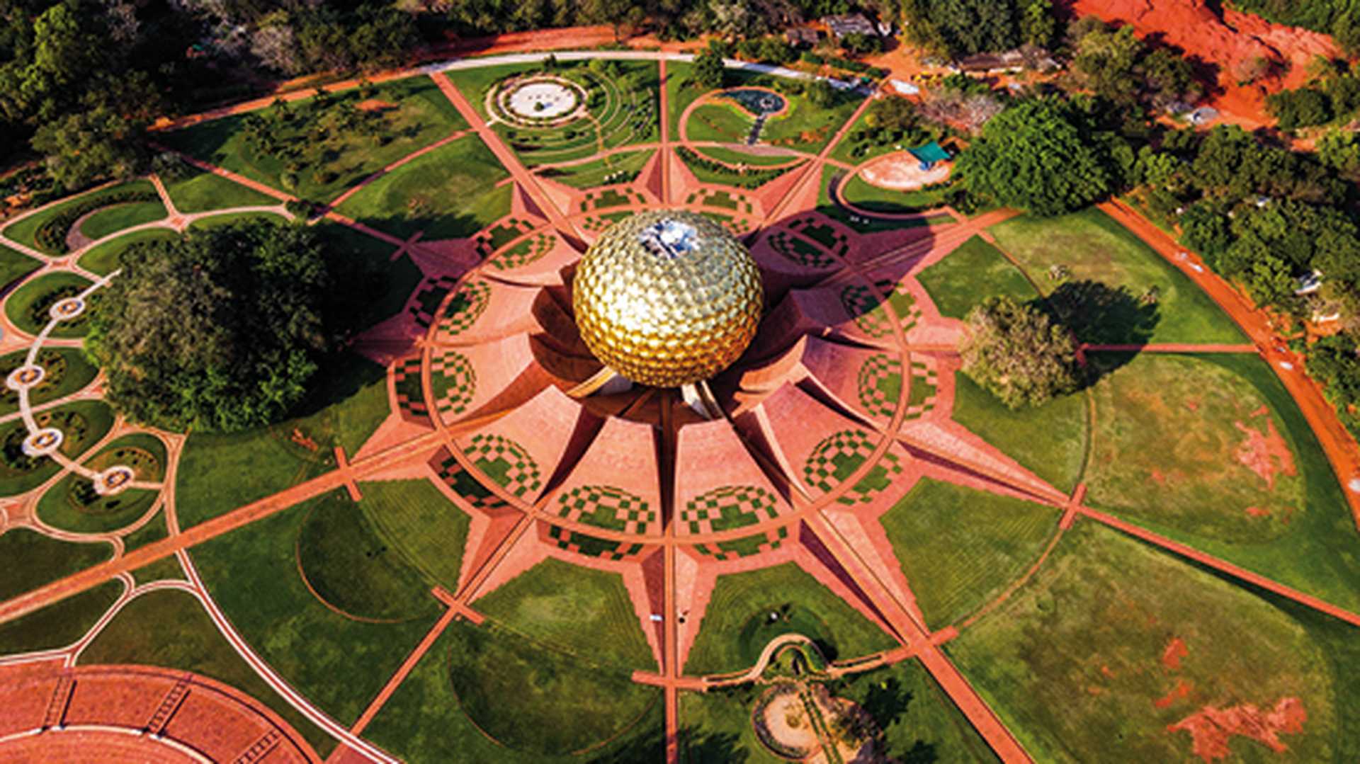 Arial View of Auroville - an experimental township in Viluppuram district mostly in the state of Tamil Nadu, India