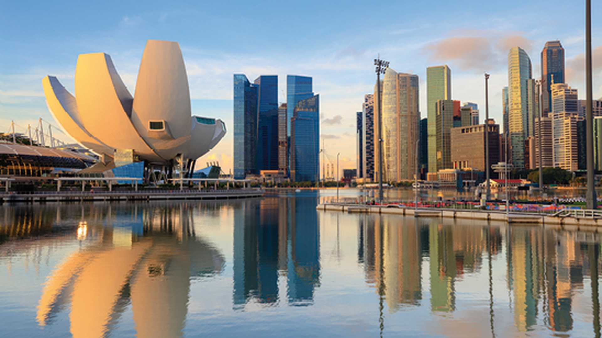 Singapore skyline at the Marina during twilight, View of Marina Bay in Singapore cityscape, Singapore