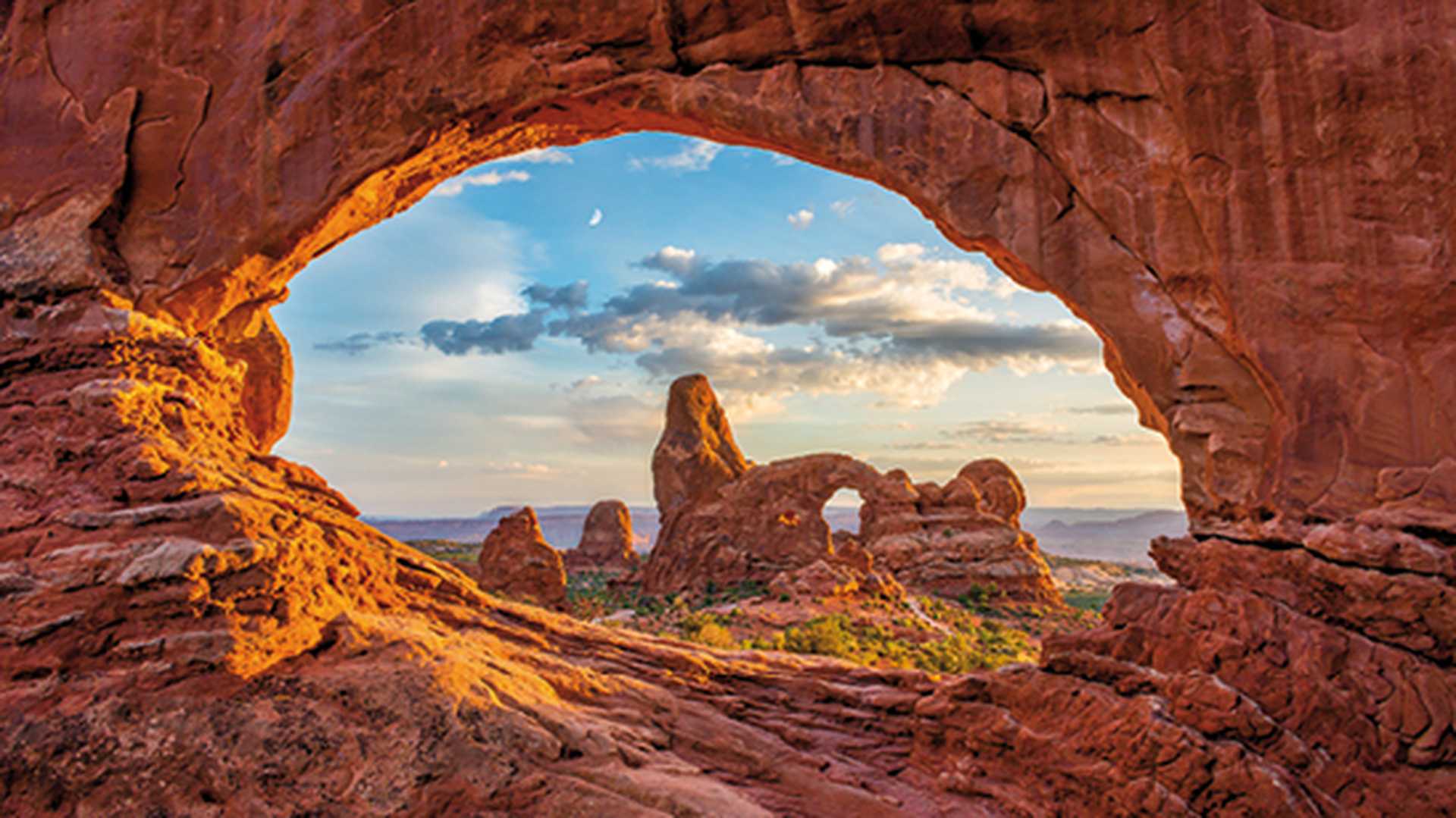 Turret arch through the North Window at Arches National Park in Utah