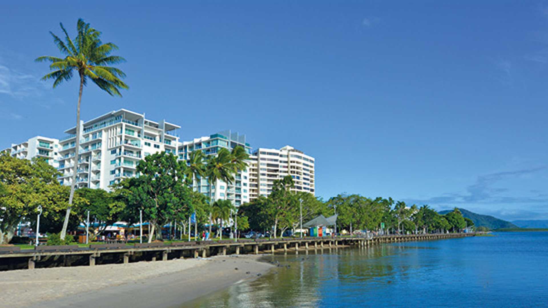Cairns waterfront with tropical palm trees, Queensland, Australia
