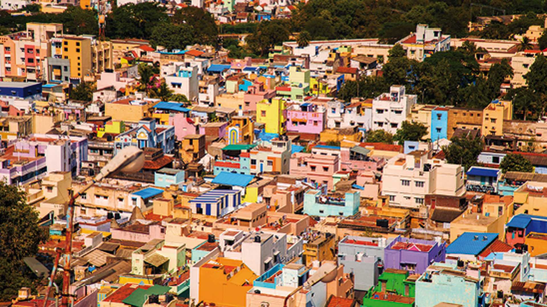 Coloured traditional houses in Trichy, South India. Top view.