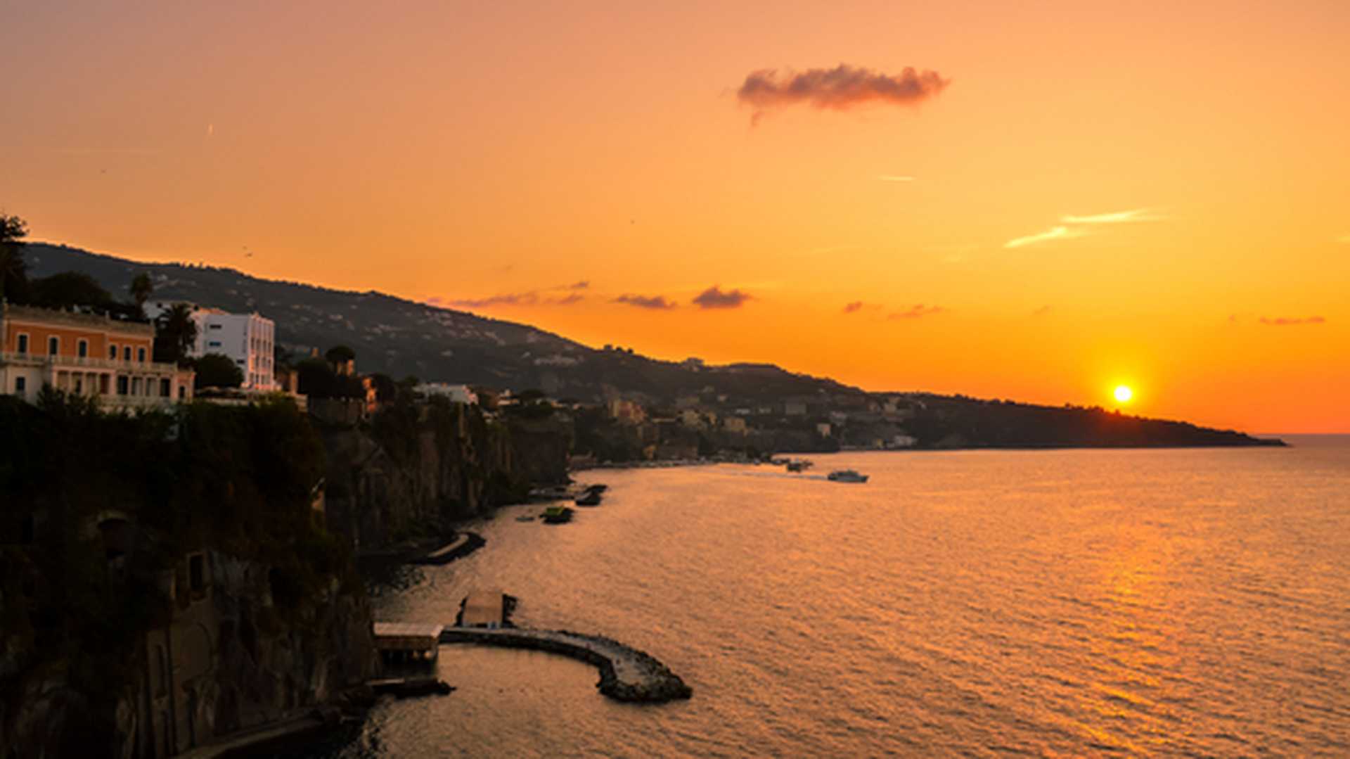 Sun set views across the coast of Sorrento, Italy