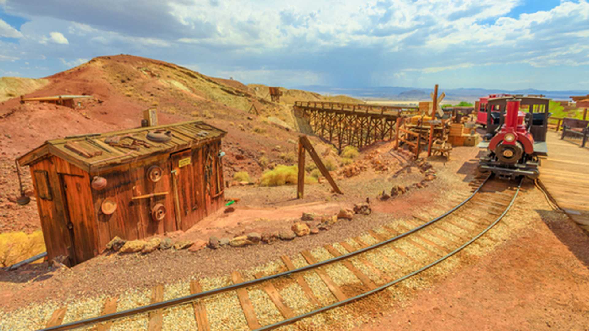 Heritage railroad in historic ghost town. Calico Mountains of Mojave Desert region of Southern California, USA