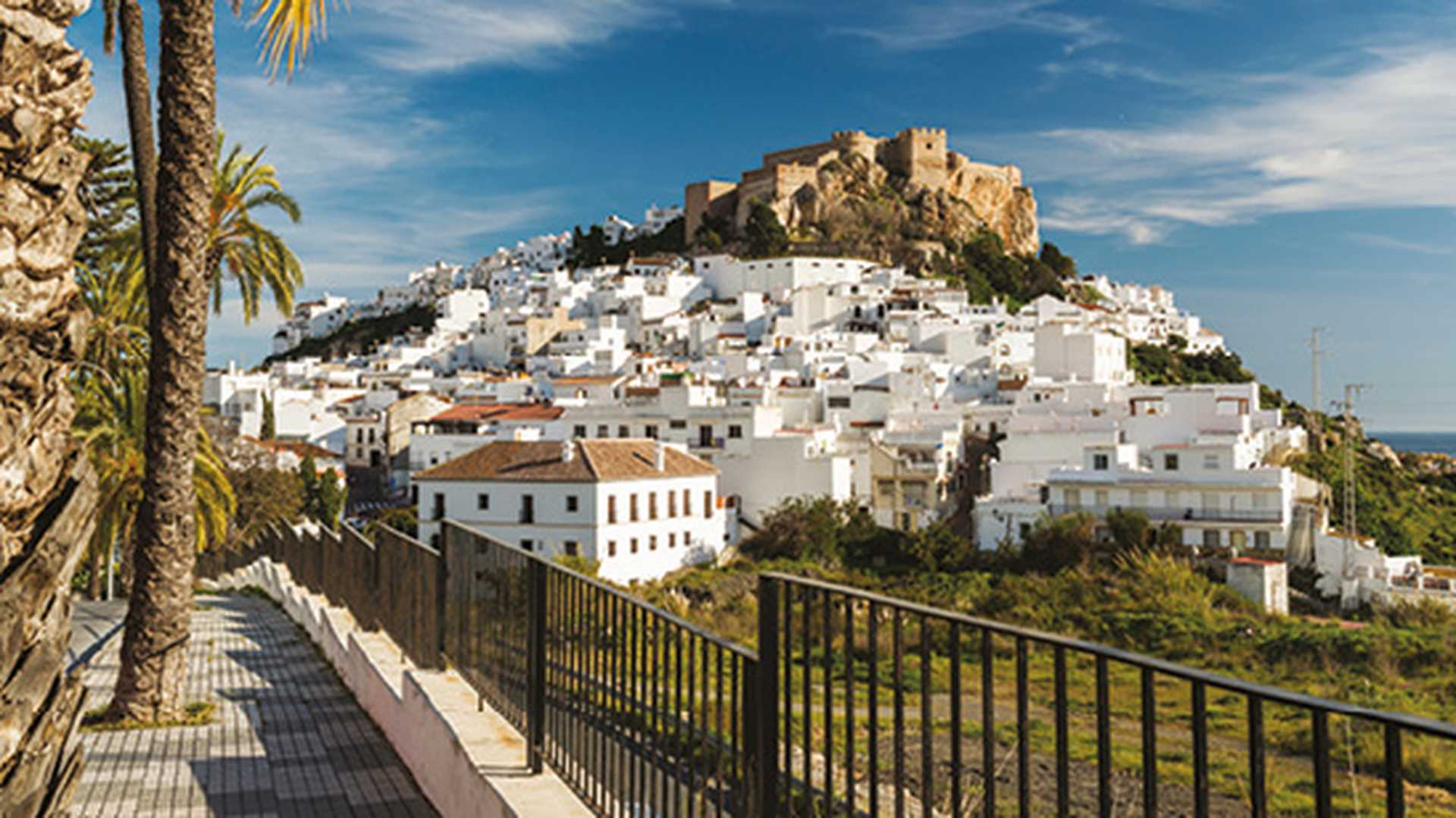 View of the white-washed town of Salobrena and its medieval castle, Granada Province, Andalusia, Spain