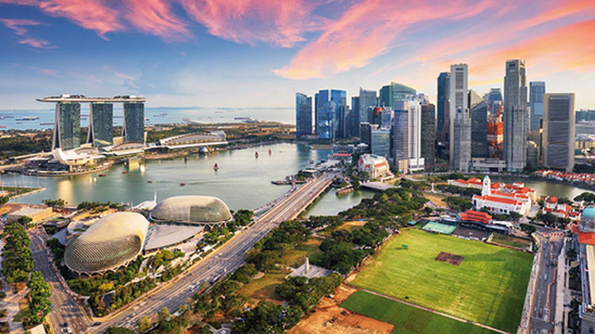 Aerial view of Cloudy sky at Marina Bay Singapore city skyline