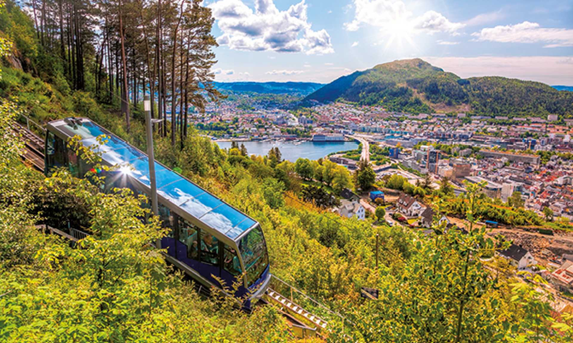 View of Bergen city with Floibanen funicular in Norway