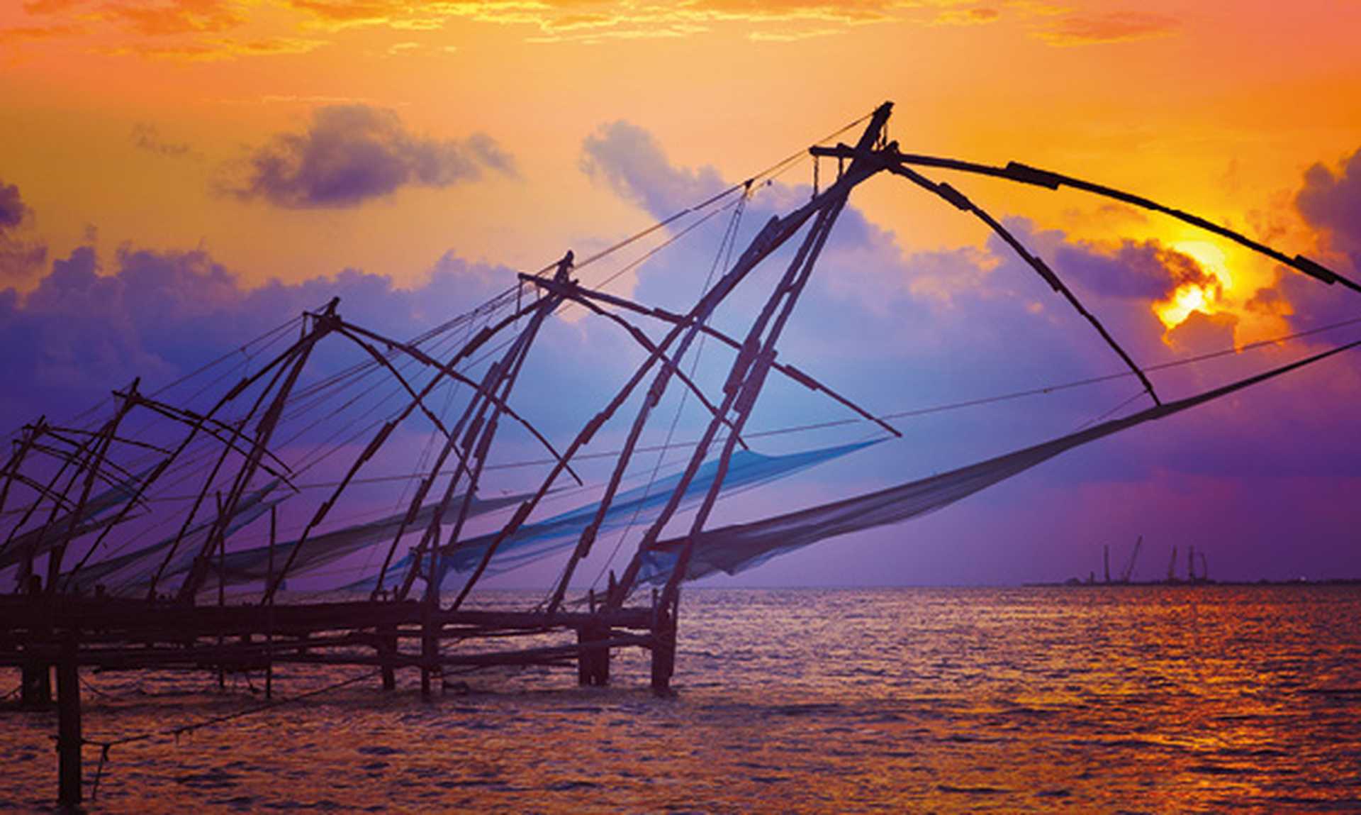 Chinese fishnets  at sunset, Kochi