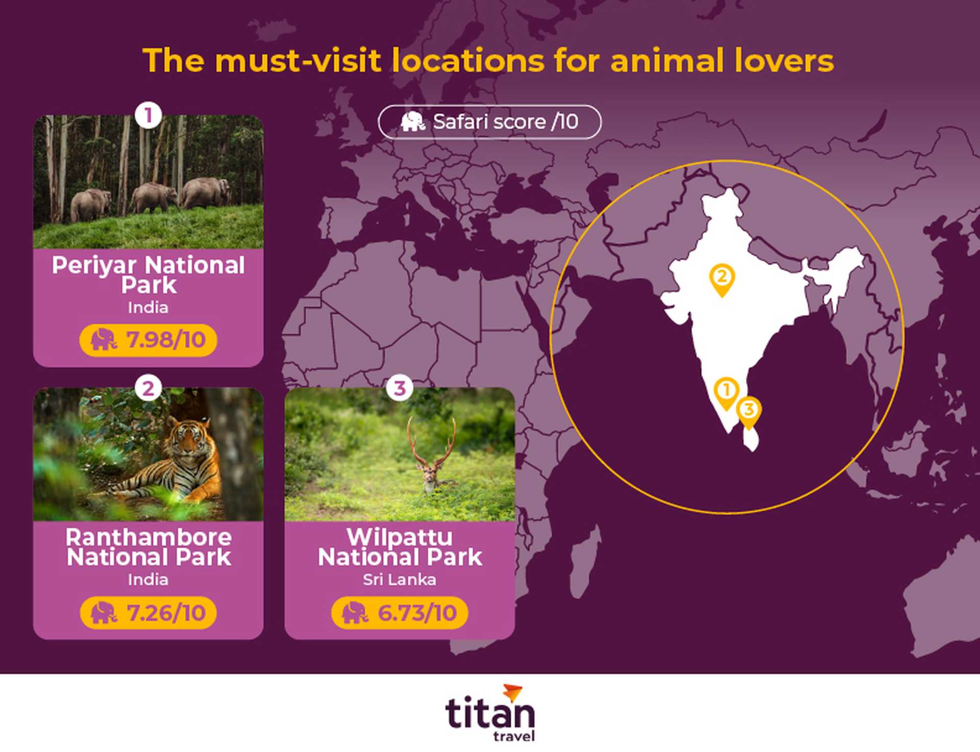 Map of top wildlife destinations including India and Sri Lanka