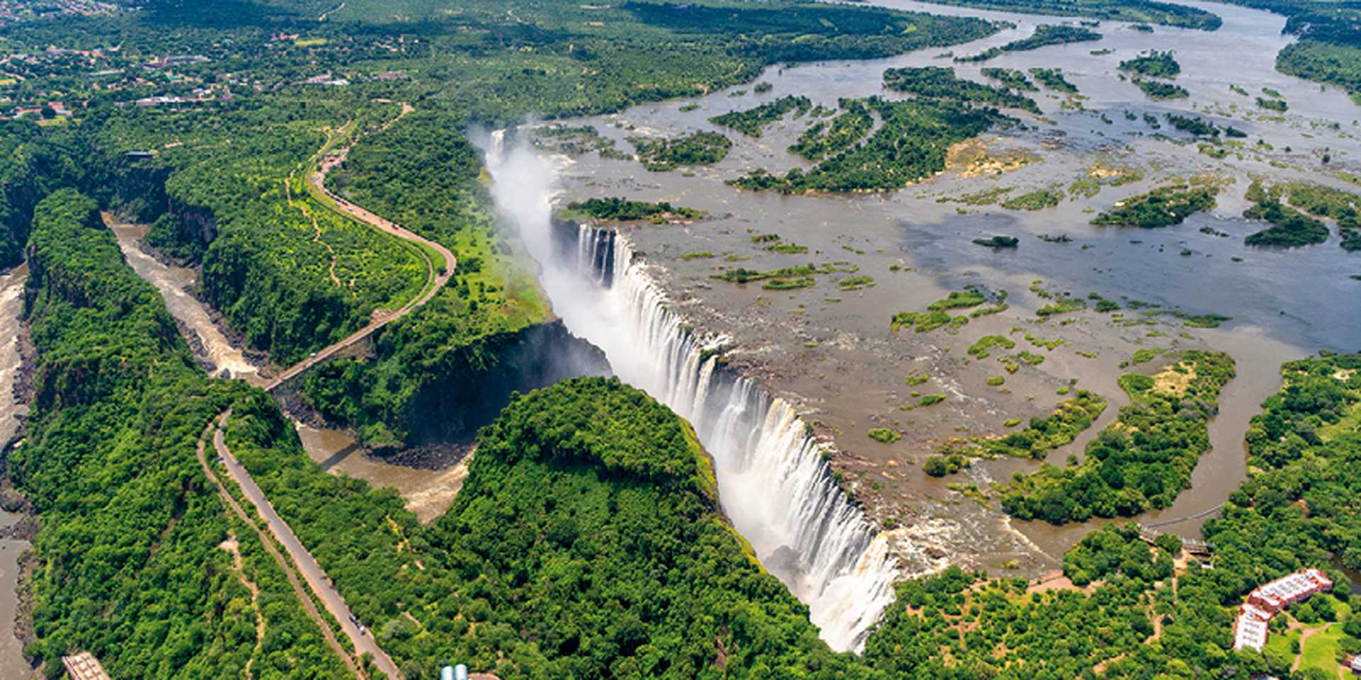 Aerial view of Victoria waterfalls at high water, Zimbabwe