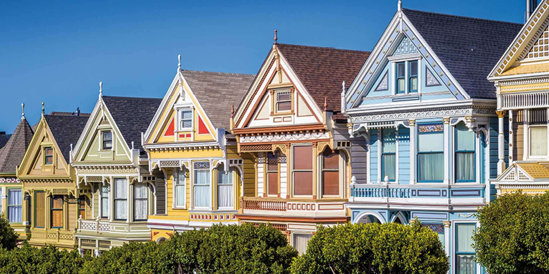 Classic postcard view of famous Painted Ladies, San Francisco, California, USA