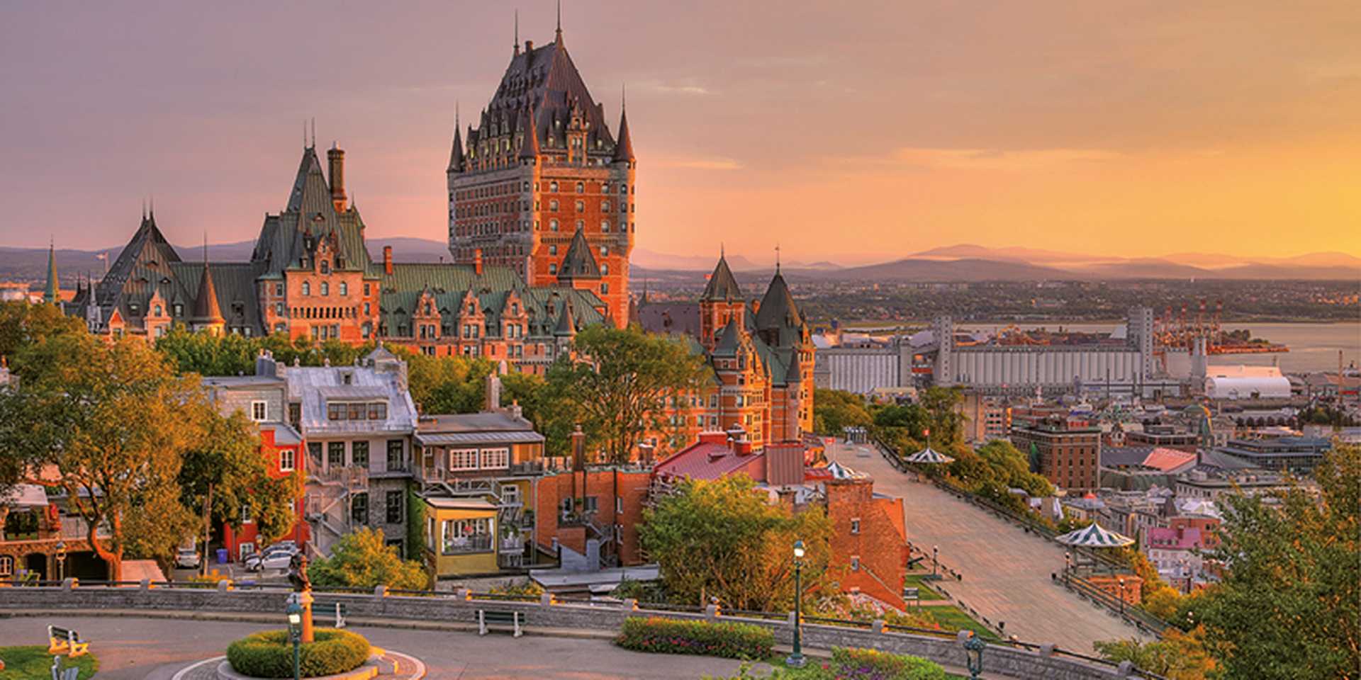 Frontenac Castle in Old Quebec City in the beautiful sunrise light.