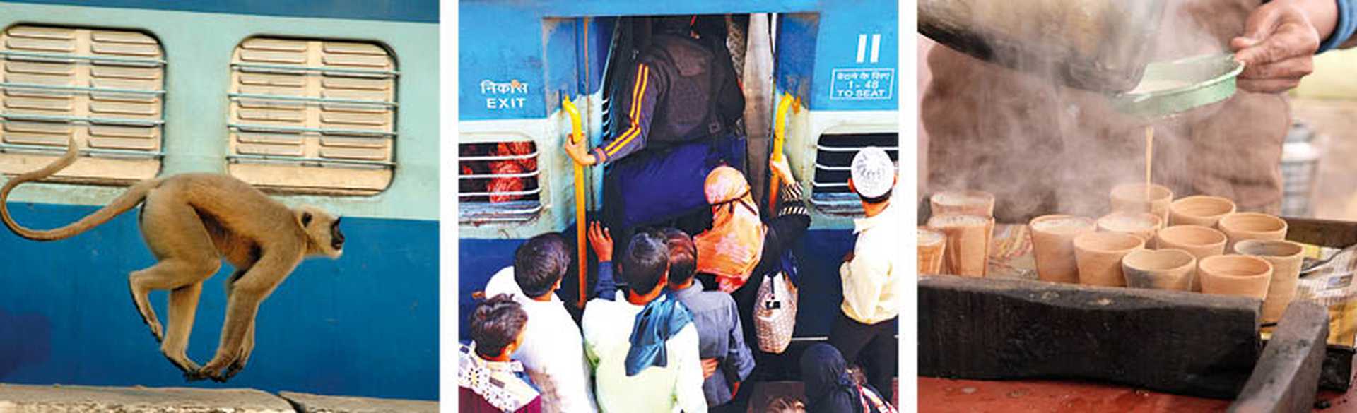 A collage of photos showing the experience of travelling by rail in India