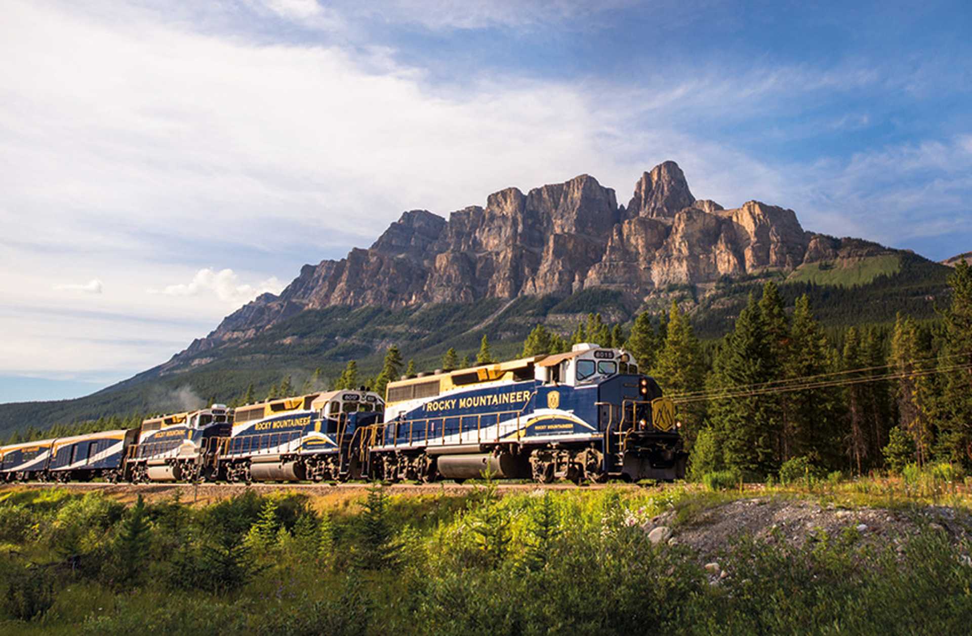 Rocky Mountaineer train travels through the Canadian Rockies