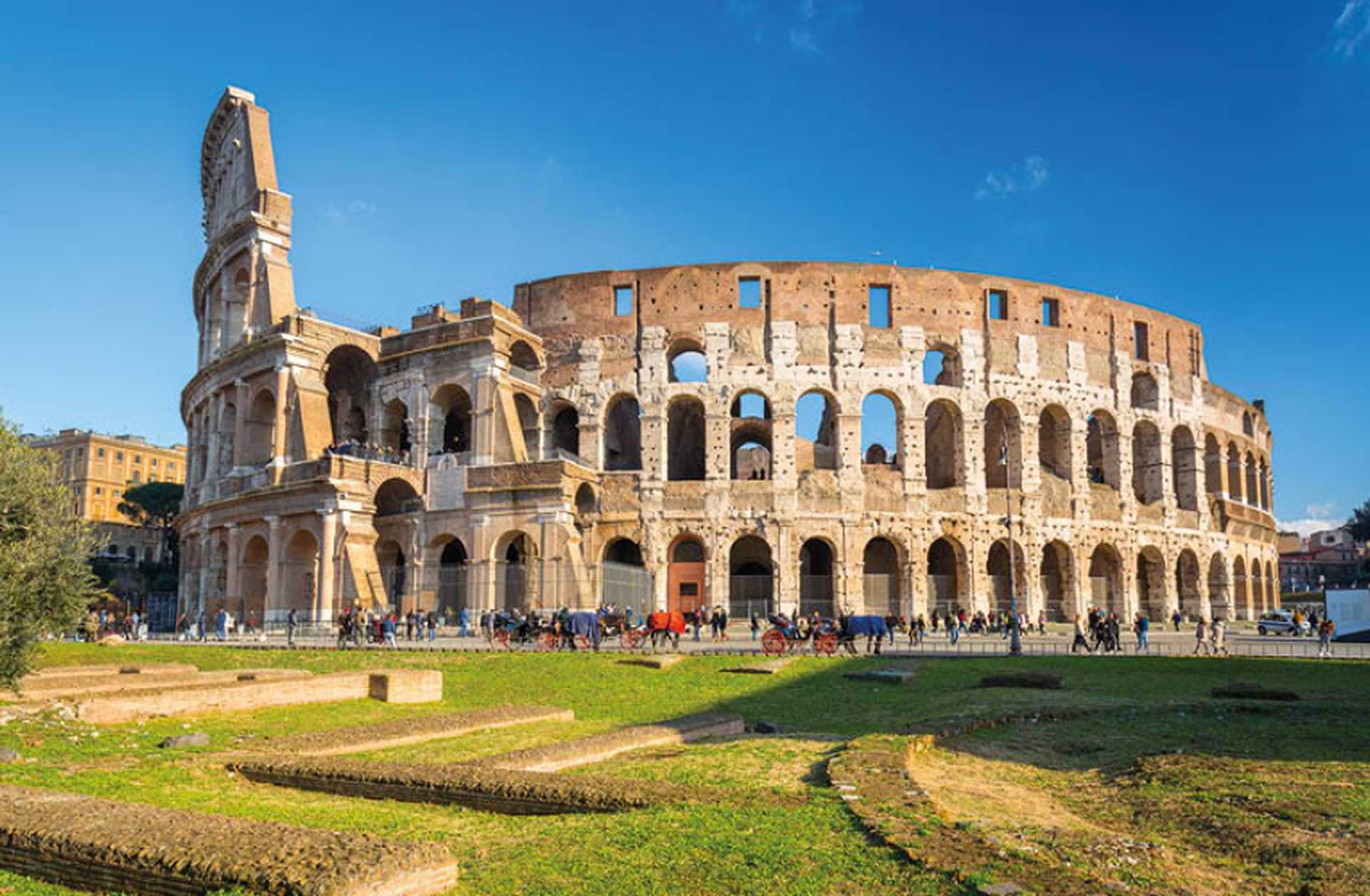 The exterior of the Colosseum in Rome, Italy